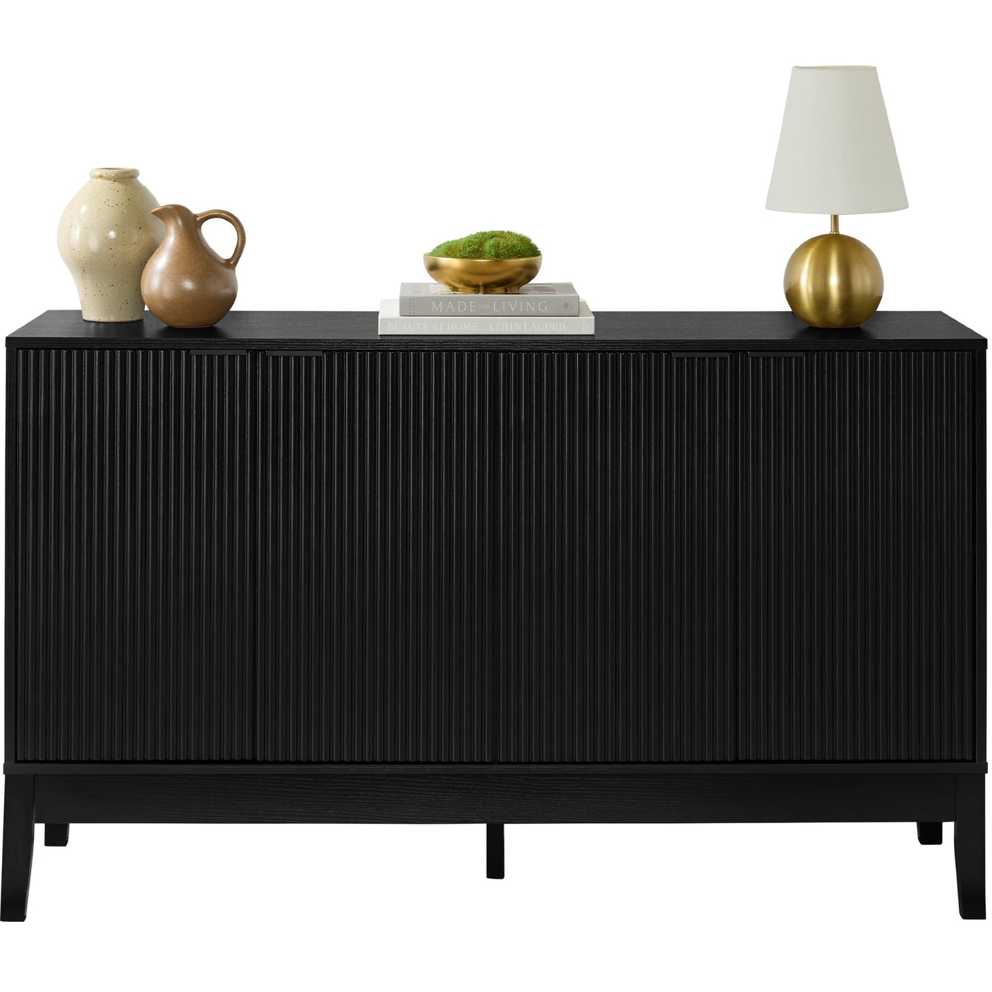 Modern 55" 4-Door Sideboard Storage Cabinet with Reed Panels and Adjustable Shelves, Buffet Media Cabinet for Entryway or Living Room, Black