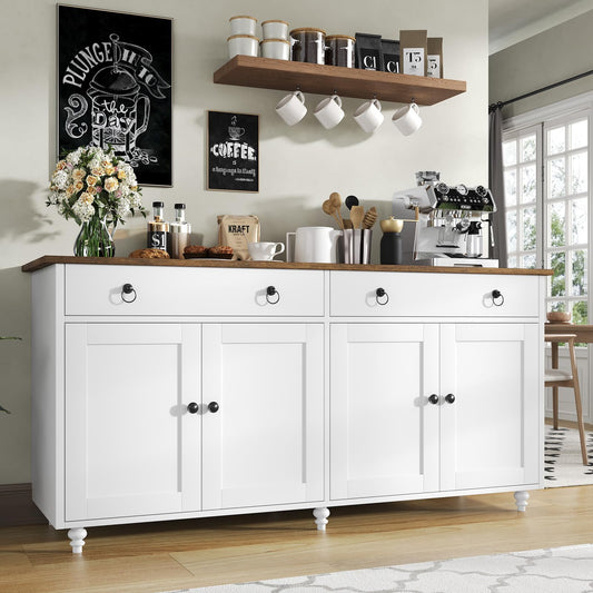 **55" Buffet Cabinet with Storage, Sideboard with 2 Drawers and 4 Doors, Modern Farmhouse Coffee Bar Cabinet, Wood Buffet Table for Kitchen or Dining Room, White**