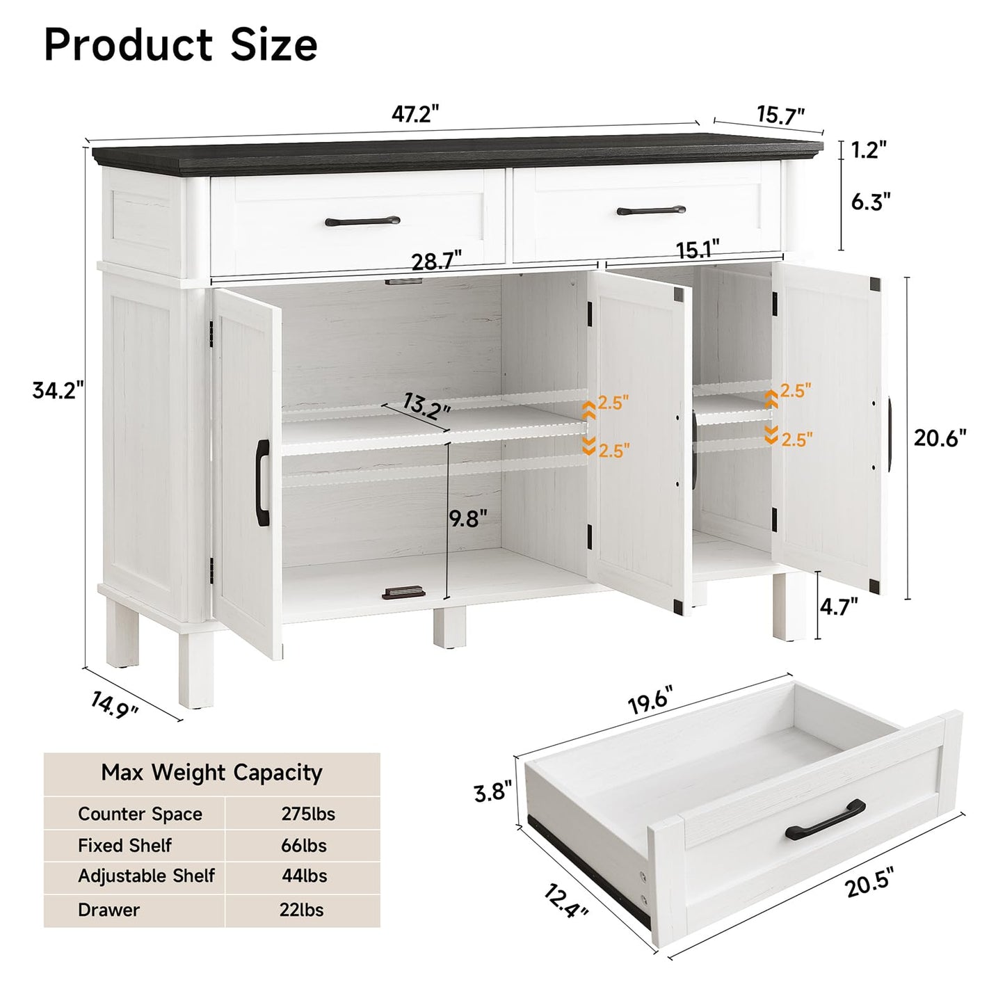 48" Farmhouse Buffet Sideboard Cabinet with 2 Drawers and 3 Doors, Wood Coffee Bar Cabinet with Adjustable Shelves for Kitchen or Living Room, Off White & Black