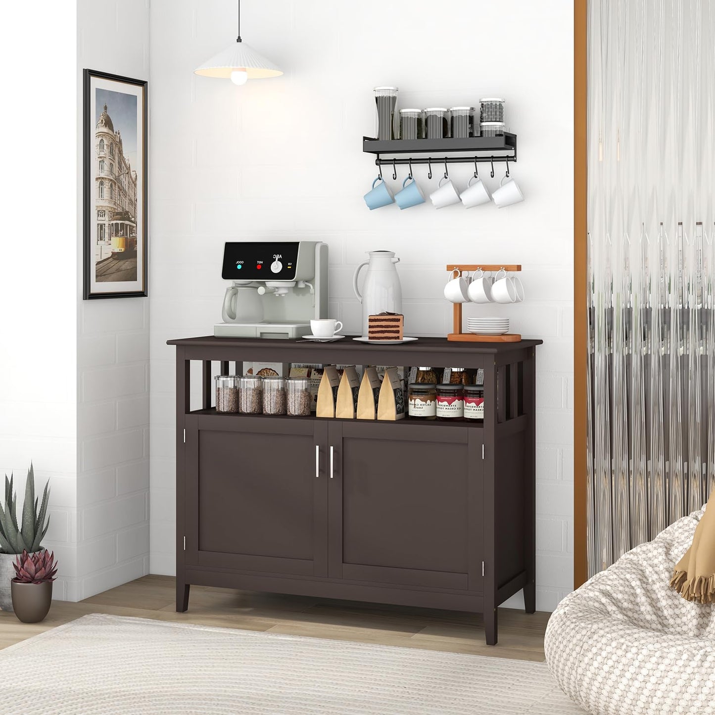 Freestanding Buffet Cabinet with Adjustable Shelf, Kitchen Storage Sideboard Console Table, 45" x 20" x 36", Brown