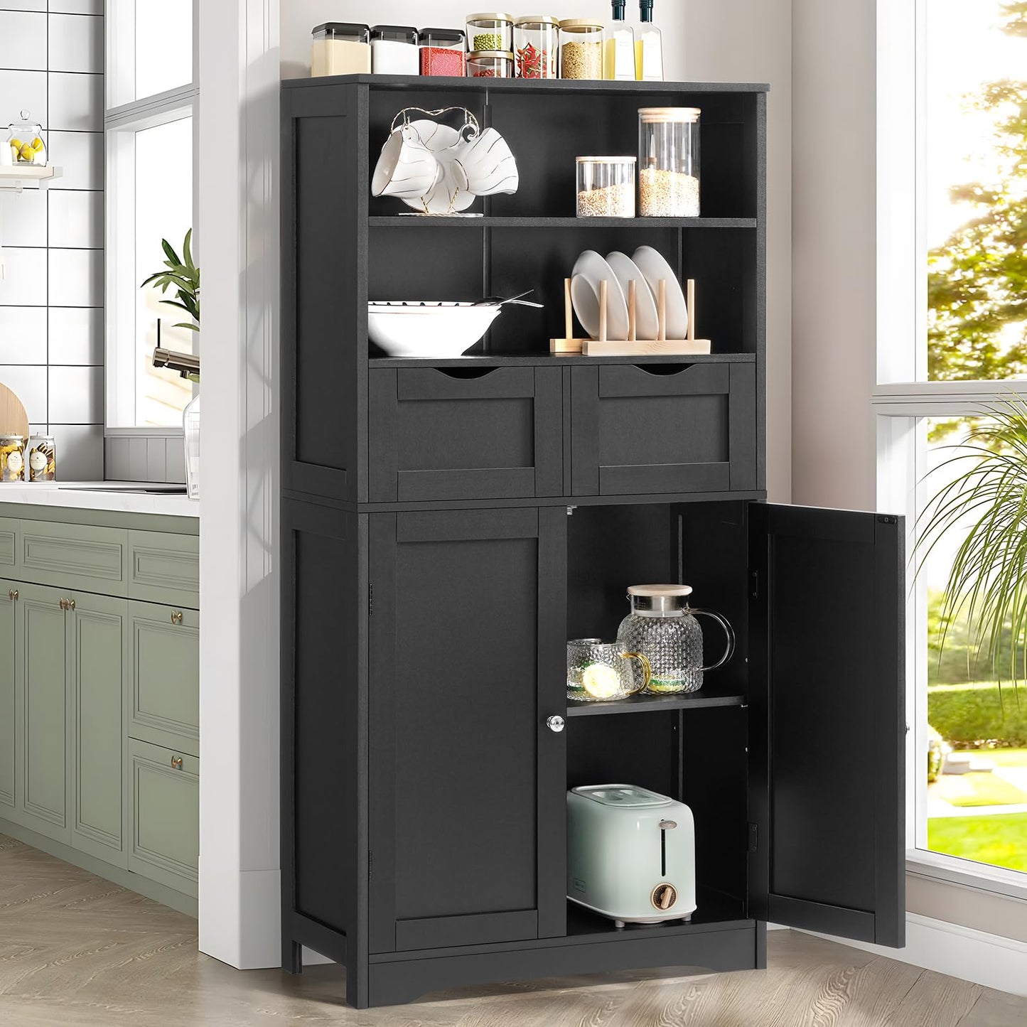 Tall Storage Cabinet with 2 Drawers and Adjustable Shelves, Black Bathroom or Living Room Cabinet for Dining Room or Entryway
