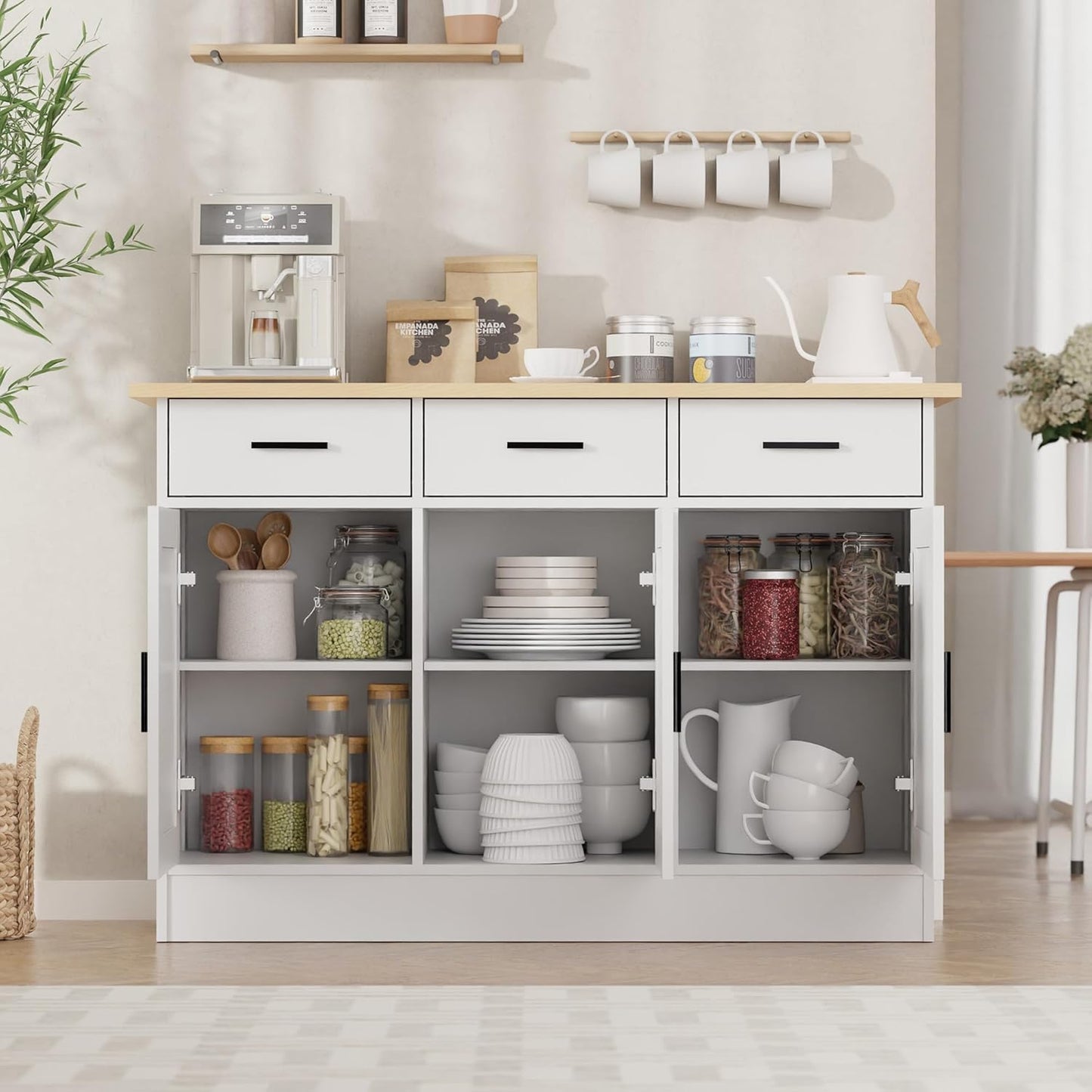 White Buffet Cabinet with Storage, Modern Wooden Narrow Sideboard Credenza with Doors for Entryway or Living Room