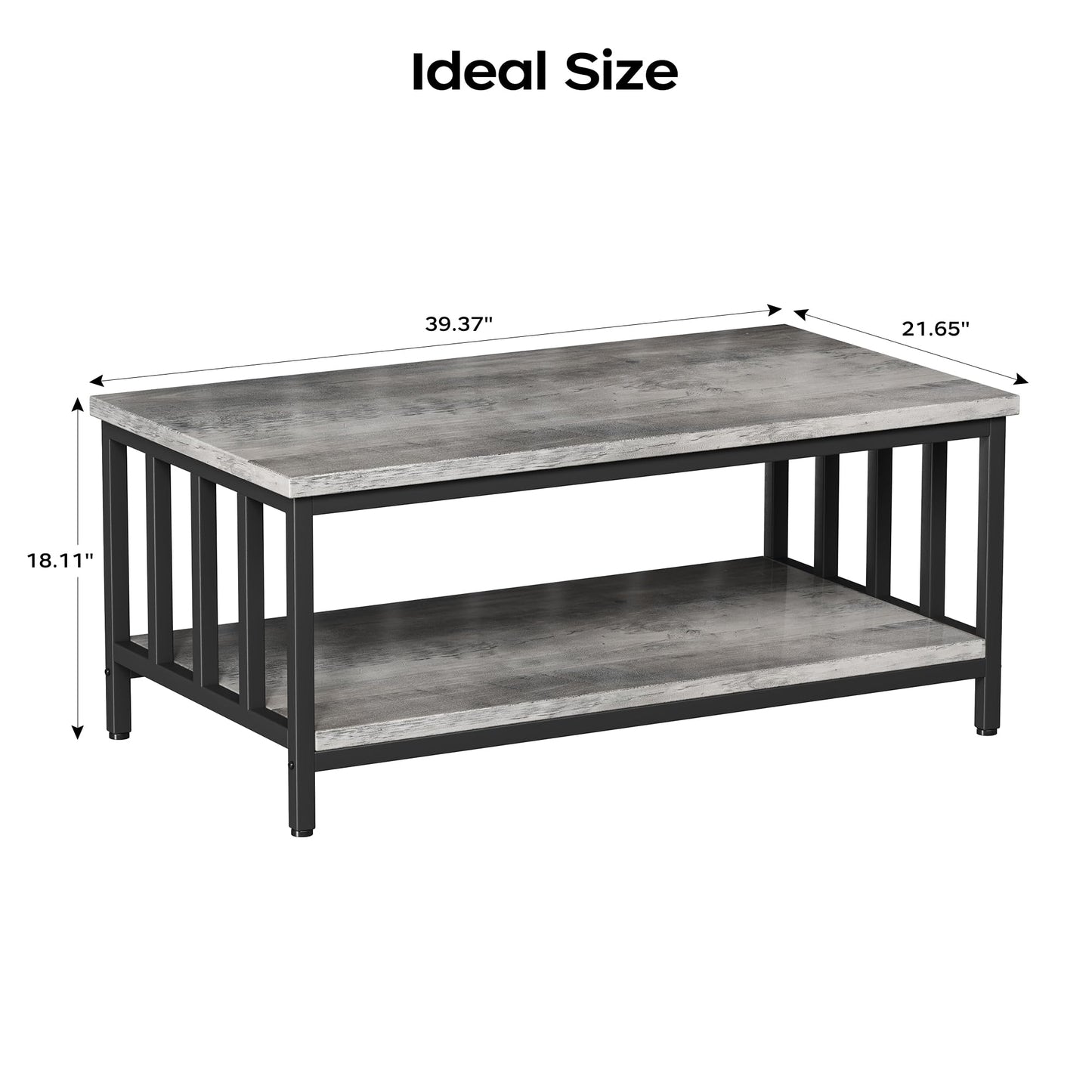Modern Farmhouse Coffee Table with Slatted Frame, 2-Tier Storage Shelf for Living Room or Office, 39 Inch Grey Wash