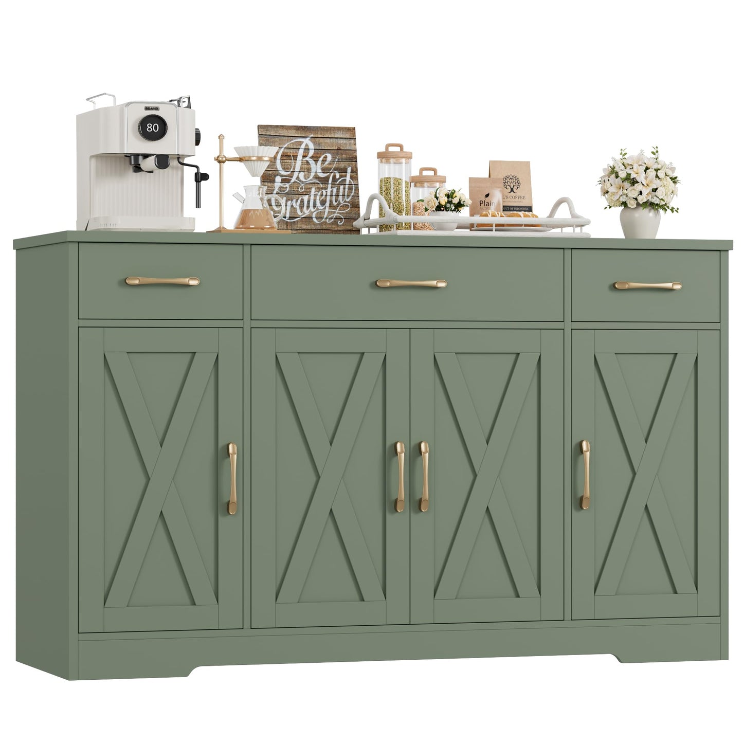 55" Large Buffet Sideboard Cabinet with Drawers, Shelves, and Doors, Modern Farmhouse Coffee Bar Station for Kitchen or Dining Room, Green