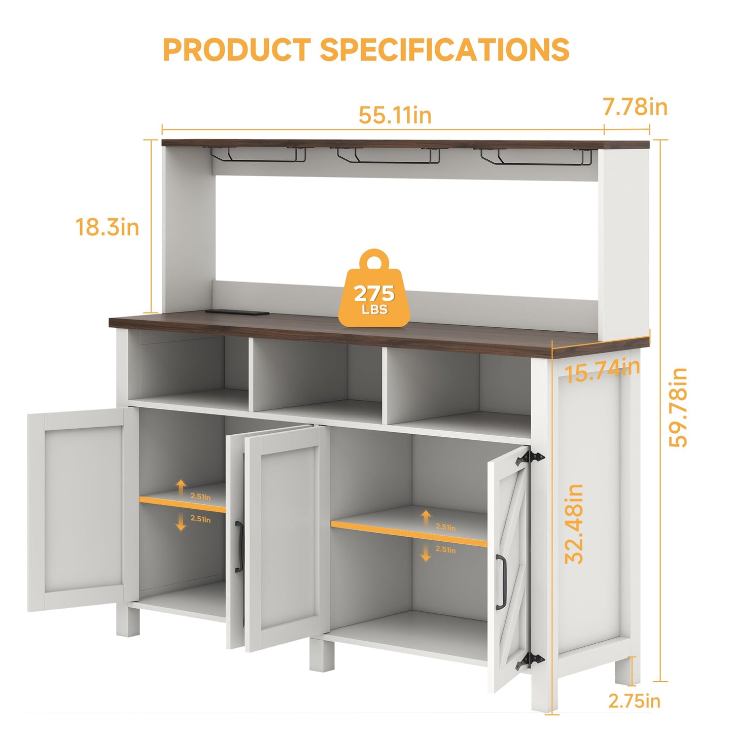 **Buffet Sideboard with Storage Hutch, 4-Door Farmhouse Kitchen Cabinet with Power Outlets, Wood Coffee Bar Cabinet with Goblet Holder and Cup Hooks for Kitchen, Dining Room, or Entryway**