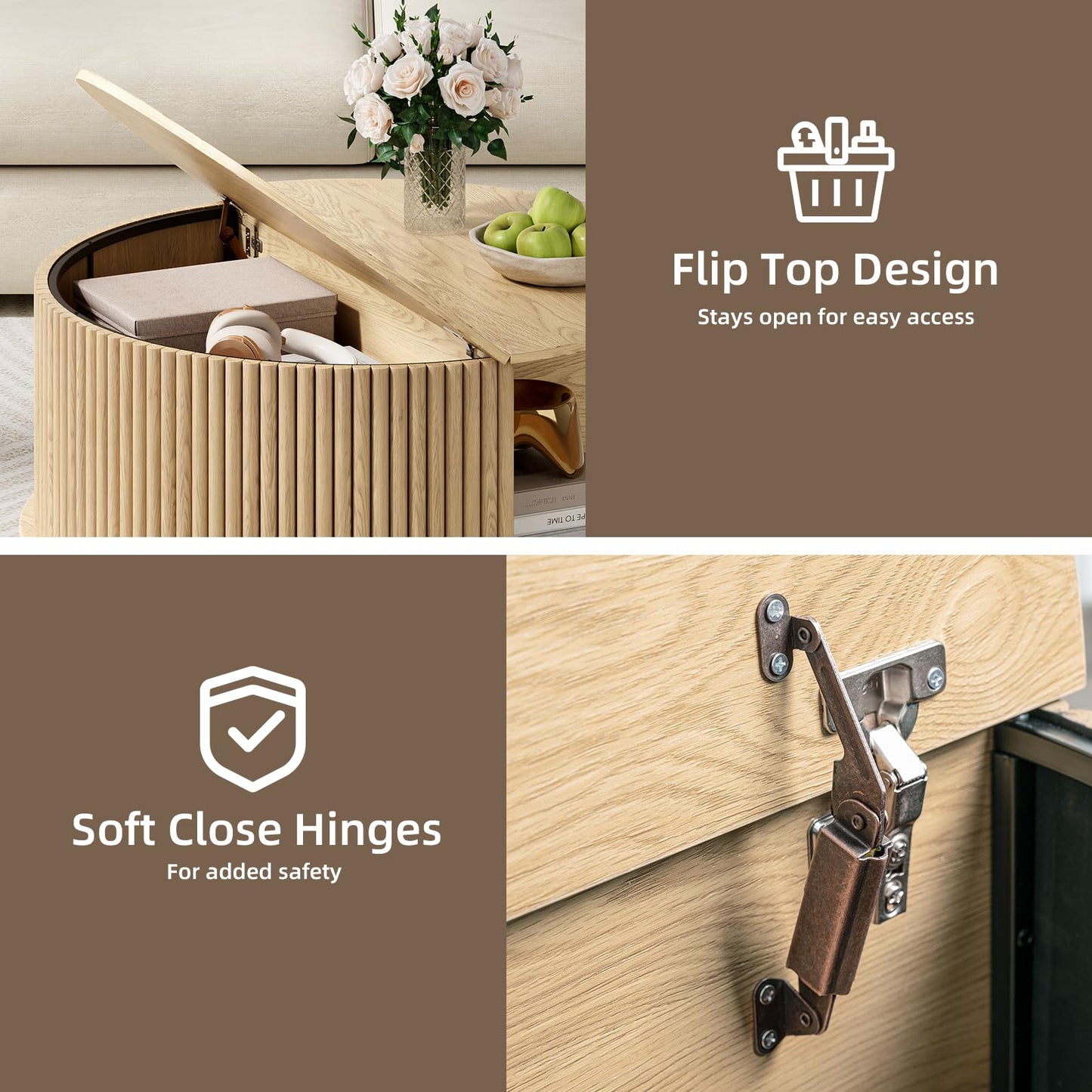 Round Coffee Table with Storage, 31.5" Fluted Lift-Top Drum Center Table with Sliding Door and Bun Feet, Mid-Century Modern Coffee Table for Living Room or Small Spaces, Oak