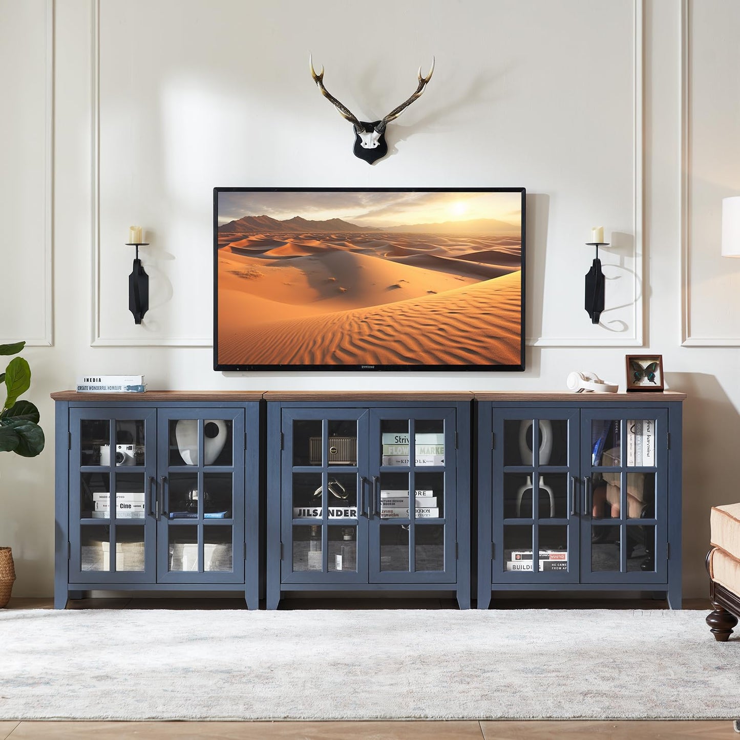 **32" Large Farmhouse Sideboard Buffet Cabinet with Storage, Wood Coffee & Wine Bar Cabinet with 2 Glass Doors, Mid-Century Modern Sideboard for Dining Room or Living Room, Navy Blue**