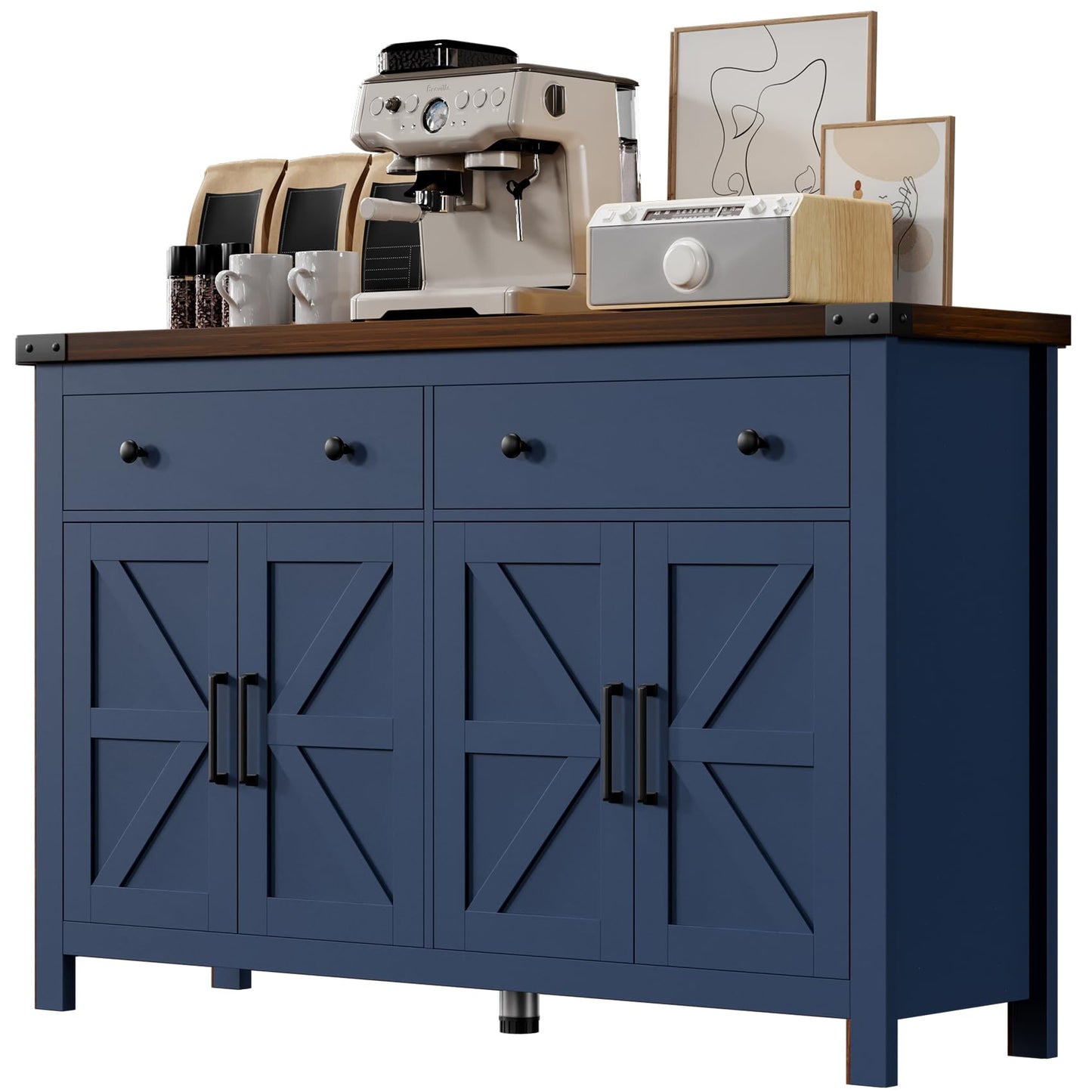 Farmhouse Buffet Cabinet with Storage, 55" Large Sideboard with 4 Doors & 2 Drawers, Blue Wood Coffee Bar Cabinet for Kitchen, Dining Room & Living Room