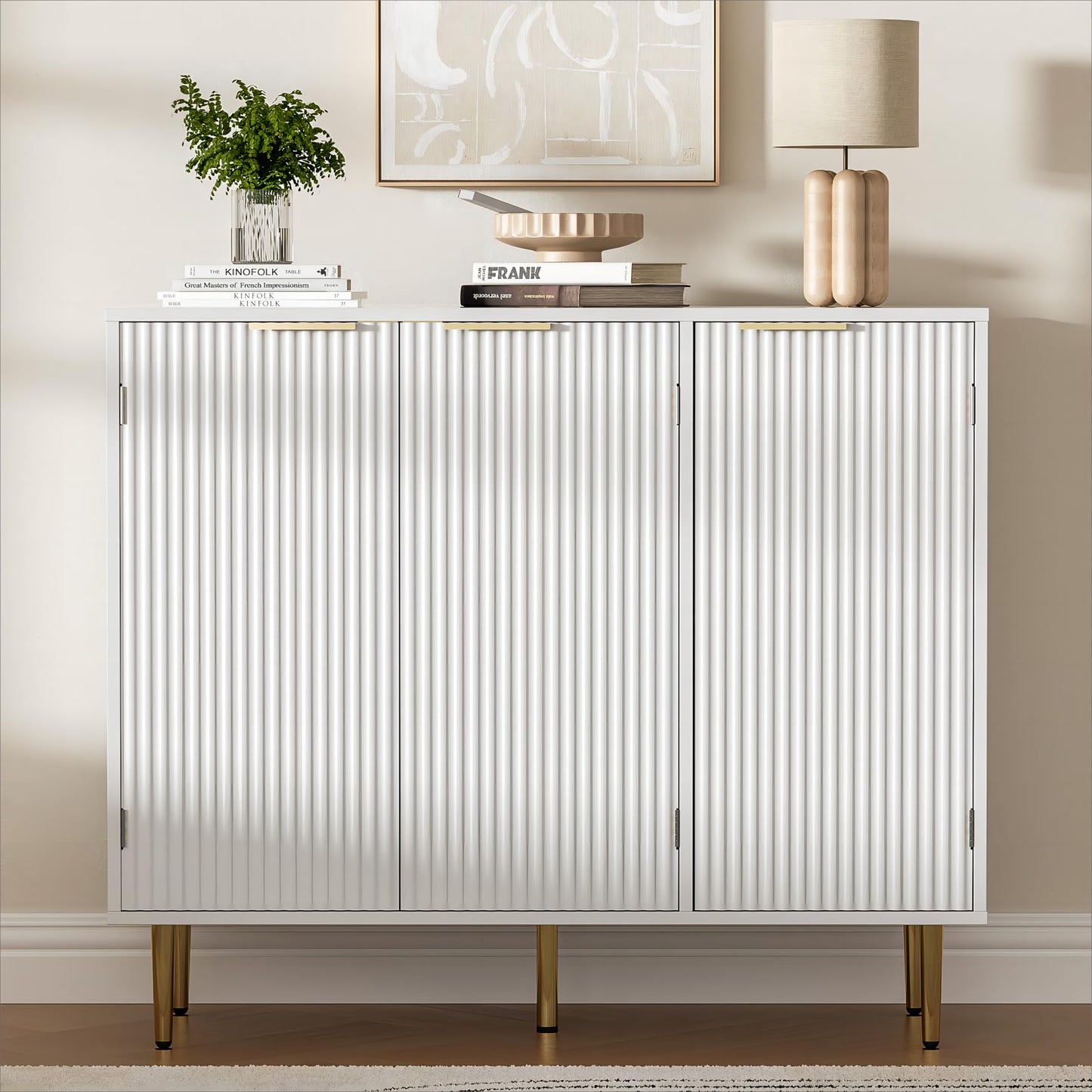 Fluted Sideboard Buffet with 3 Doors and Adjustable Shelves, Modern Kitchen Storage Cabinet with Gold Handles, Coffee Bar for Living Room or Kitchen, White