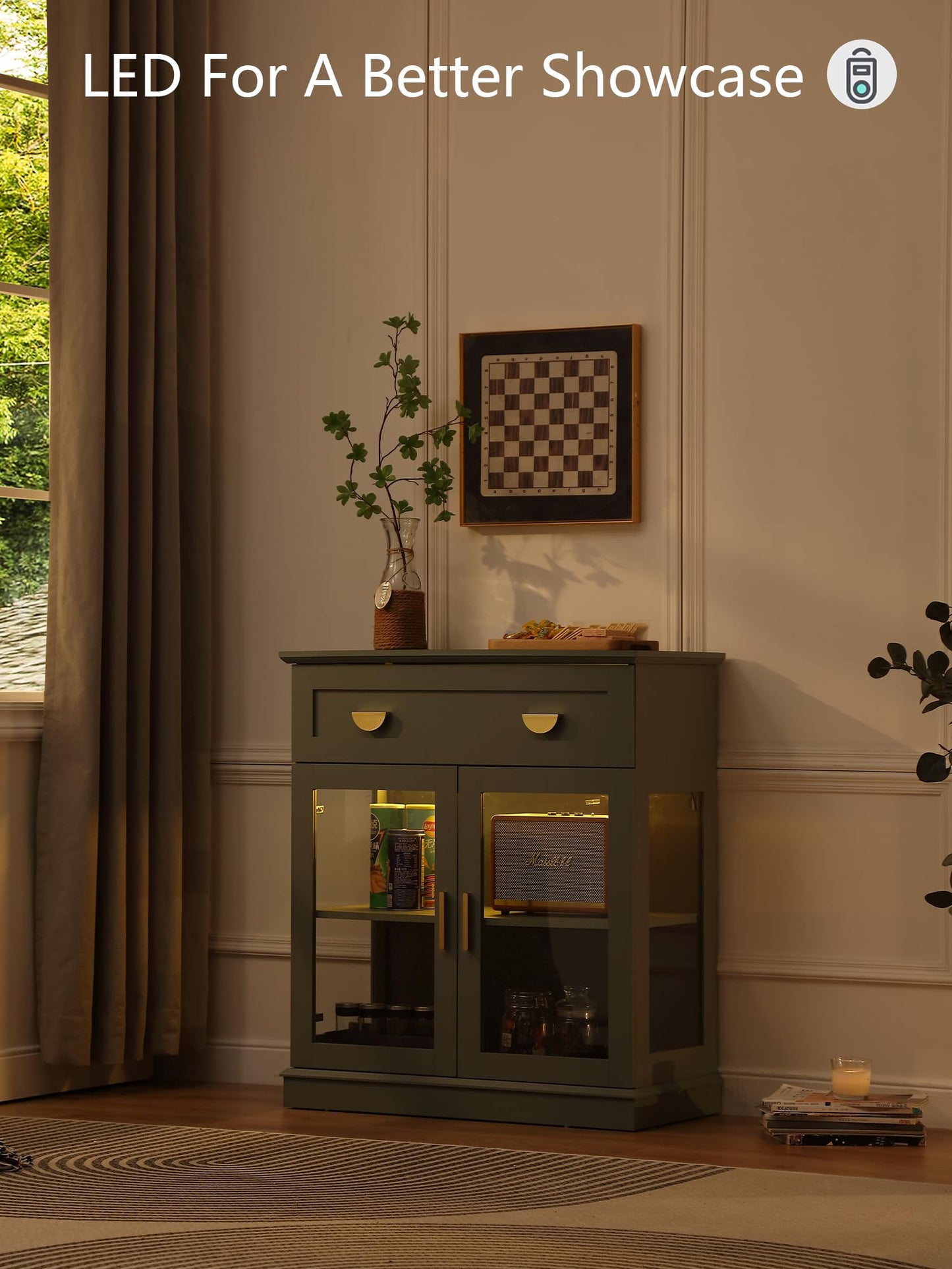 **31.5'' Small Buffet Cabinet with Glass Doors, Compact Coffee Bar Cabinet with Storage, Modern Sideboard Buffet with Adjustable Shelf and Drawer for Kitchen, Dining Room, and Living Room, Green**