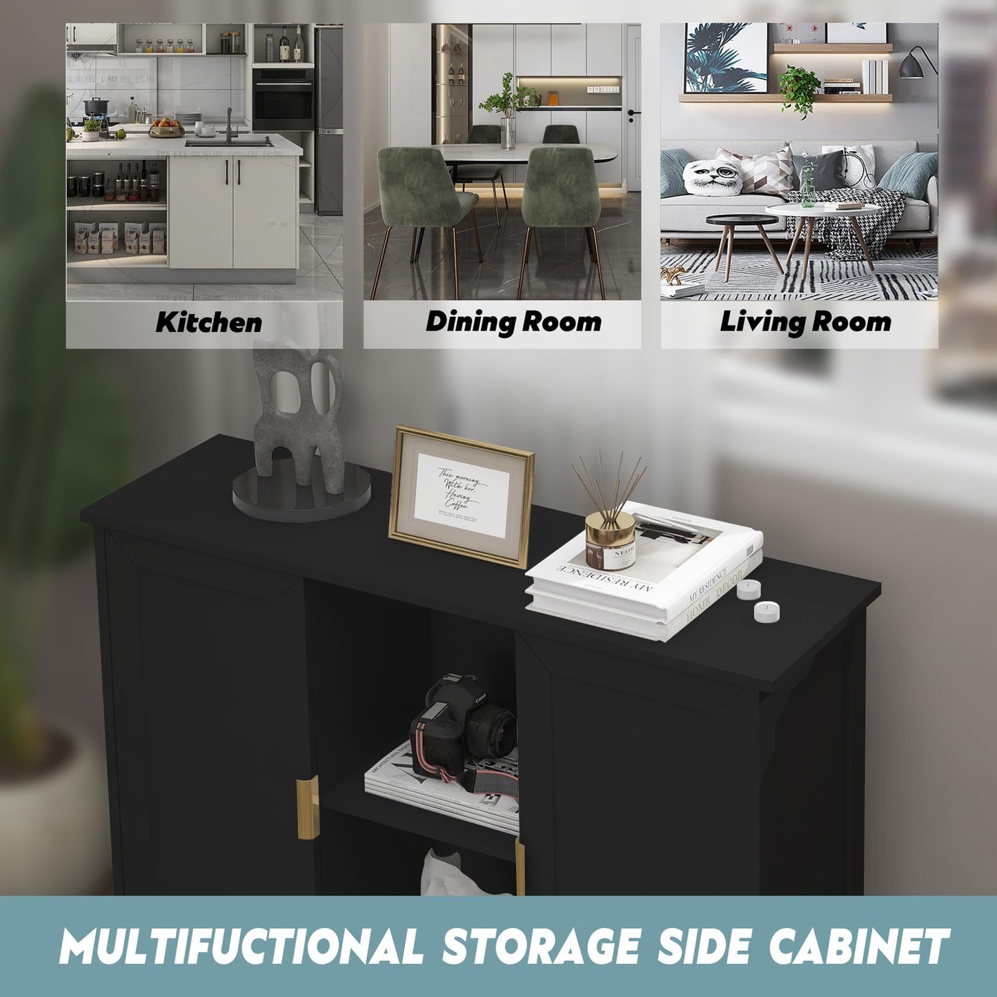 White Buffet Cabinet with Storage, Modern Wooden Narrow Sideboard Credenza with Doors for Entryway or Living Room