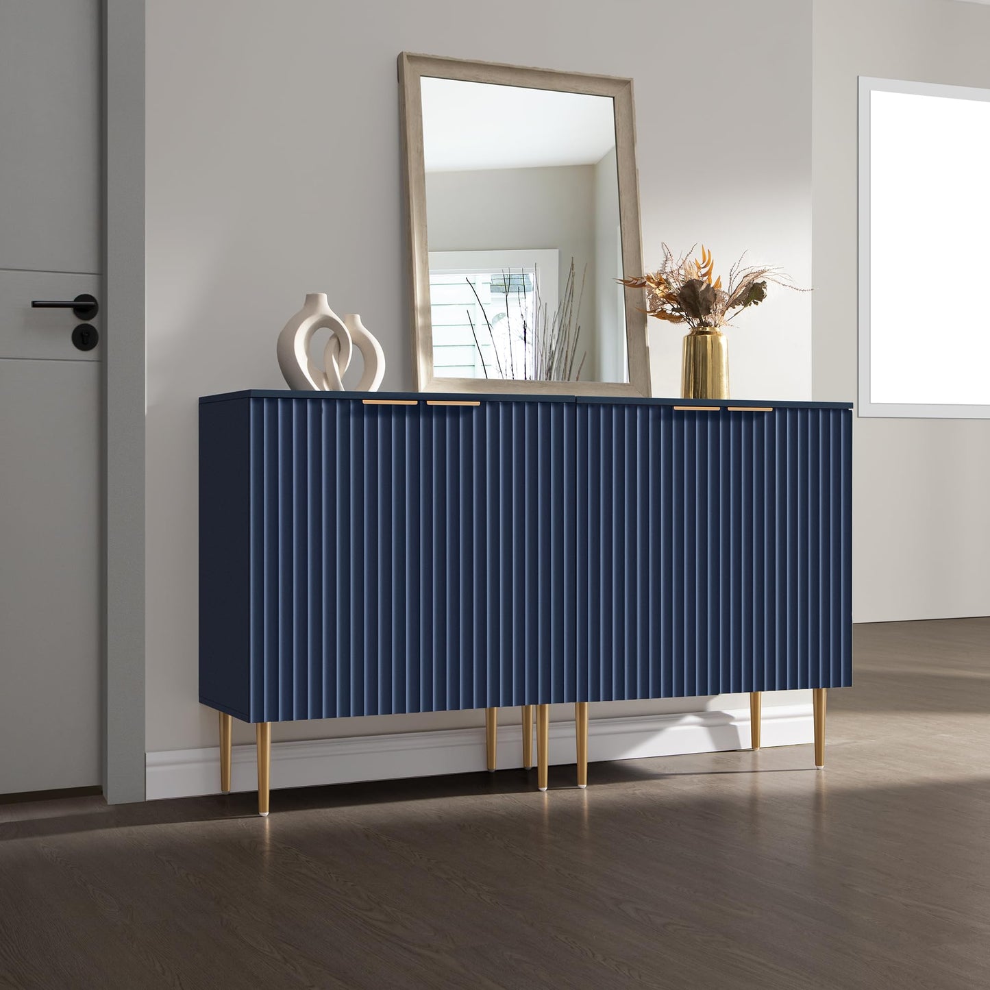 57" Modern Sideboard Buffet Cabinet with 4 Doors and Adjustable Shelf, Space-Saving Storage Console for Entryway, Kitchen, or Living Room, Navy Blue