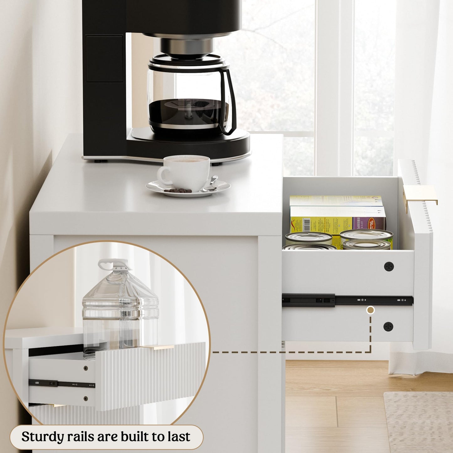 White Fluted Storage Cabinet with Drawers and Adjustable Shelves, Buffet Sideboard for Kitchen, Living Room, or Entryway