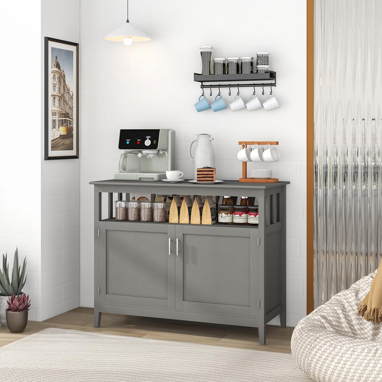 Freestanding Buffet Cabinet with Adjustable Shelf, Kitchen Storage Sideboard Console Table, 45" x 20" x 36", Grey