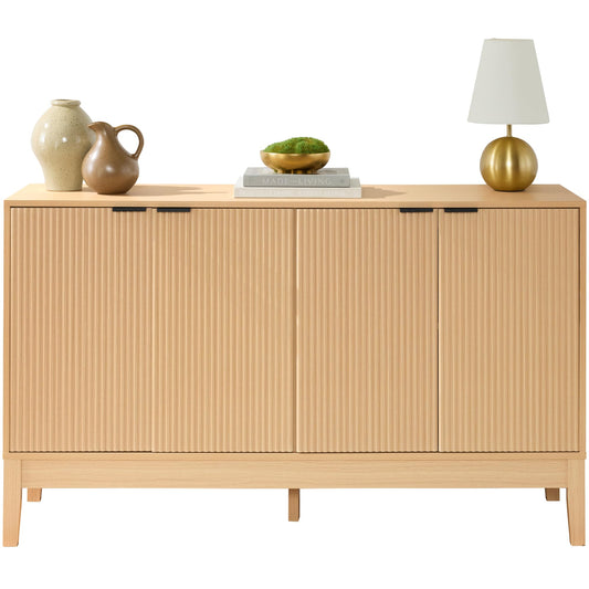 Modern 55" 4-Door Sideboard Storage Cabinet with Reed Panels and Adjustable Shelves, Buffet Media Cabinet for Entryway or Living Room, Natural