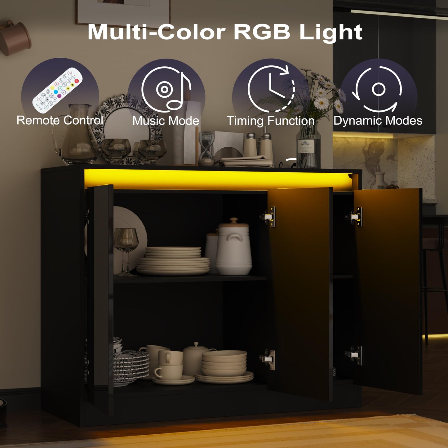 High Gloss Buffet Cabinet with LED Lights and Charging Station, Modern Handleless Sideboard Coffee Bar with 3 Doors for Living Room or Entryway, Black