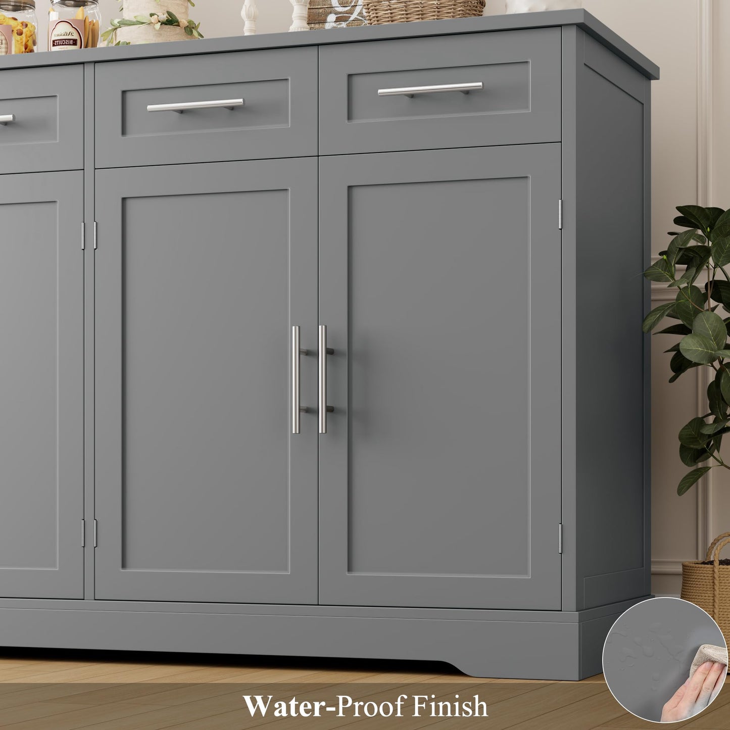 60" Large Buffet Sideboard with 4 Drawers and Storage, 36" Tall Modern Kitchen Cabinet with Gold Handles, Grey