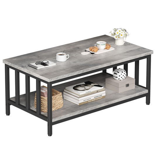 Modern Farmhouse Coffee Table with Slatted Frame, 2-Tier Storage Shelf for Living Room or Office, 39 Inch Grey Wash
