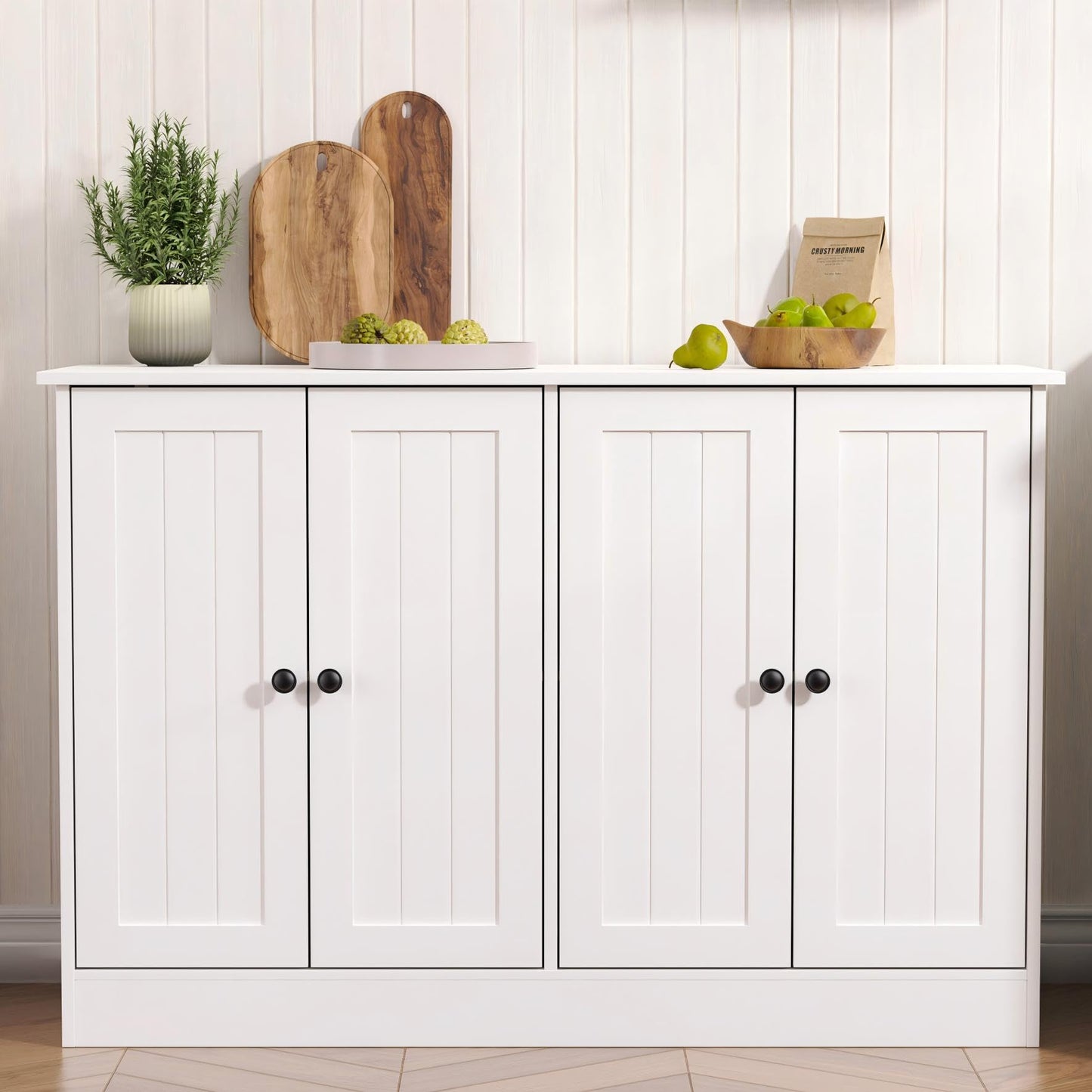 47" Sideboard Buffet Cabinet with 4 Doors, Modern Farmhouse Coffee Bar Storage Table for Kitchen, Dining, or Living Room, White