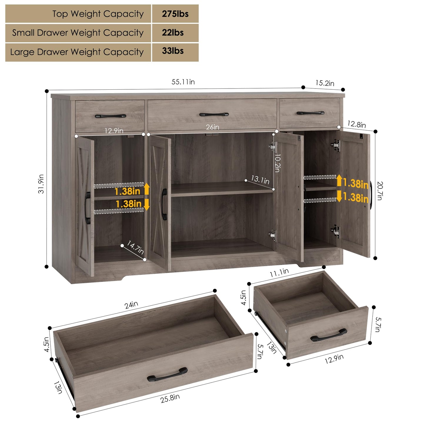 55" Large Buffet Sideboard Cabinet with Drawers, Shelves, and Doors, Modern Farmhouse Coffee Bar Station for Kitchen or Dining Room, Ash Grey