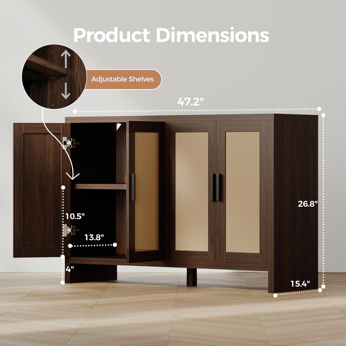 **Rattan Buffet Cabinet with Storage, Sideboard with Doors and Adjustable Shelves, Farmhouse Coffee Bar Station, Modern