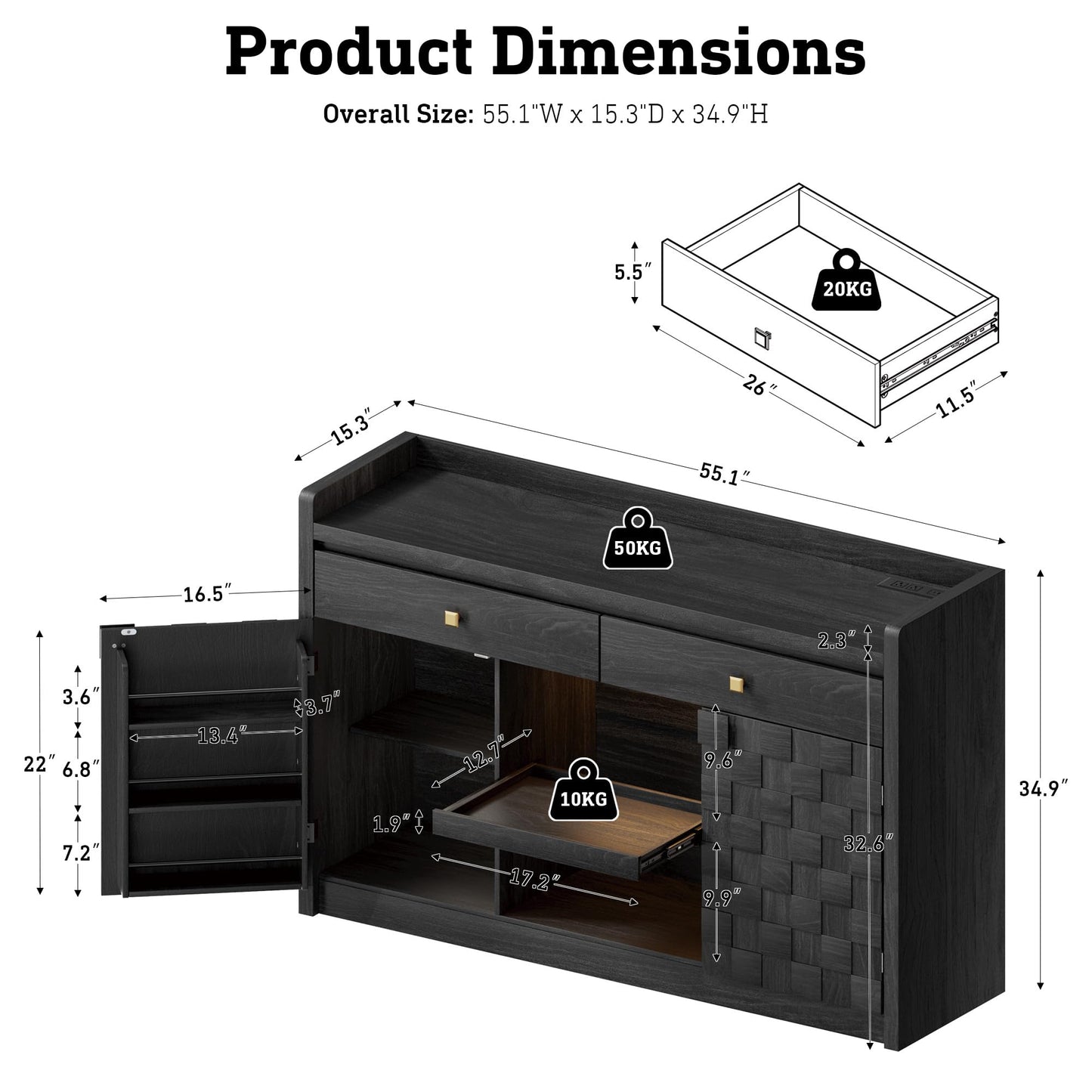 55" Fluted Sideboard Buffet Cabinet with Charging Station and LED Light, 2 Drawers, Pull-Out Shelf, and Spice Rack, Modern Kitchen Storage, Black Oak