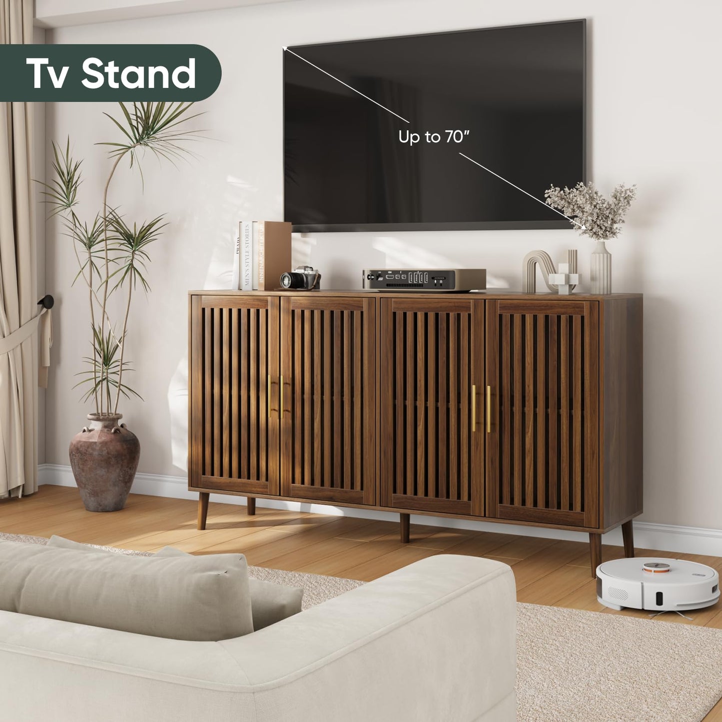 63" Sideboard Buffet with 4 Louvered Doors and Gold Handles, Farmhouse Coffee Bar Storage Cabinet for Entryway, Kitchen, Dining, or Living Room, Natural Oak