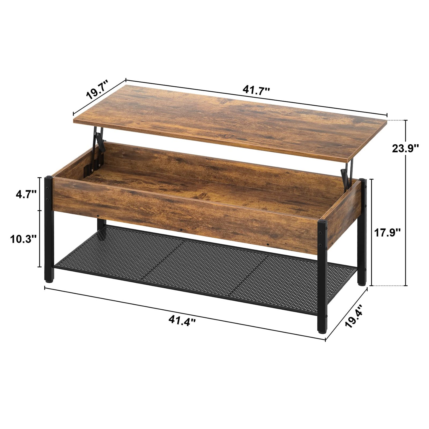 Lift Top Coffee Table with Storage Shelf and Hidden Compartment, Modern Wood and Metal Table for Living Room, Rustic Brown
