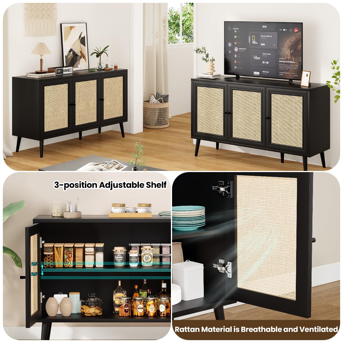 Rattan Entryway Table with Adjustable Shelf, Sideboard Buffet Cabinet with 3 Doors, Modern Console Cabinet with Large Storage for Living Room or Kitchen, Black