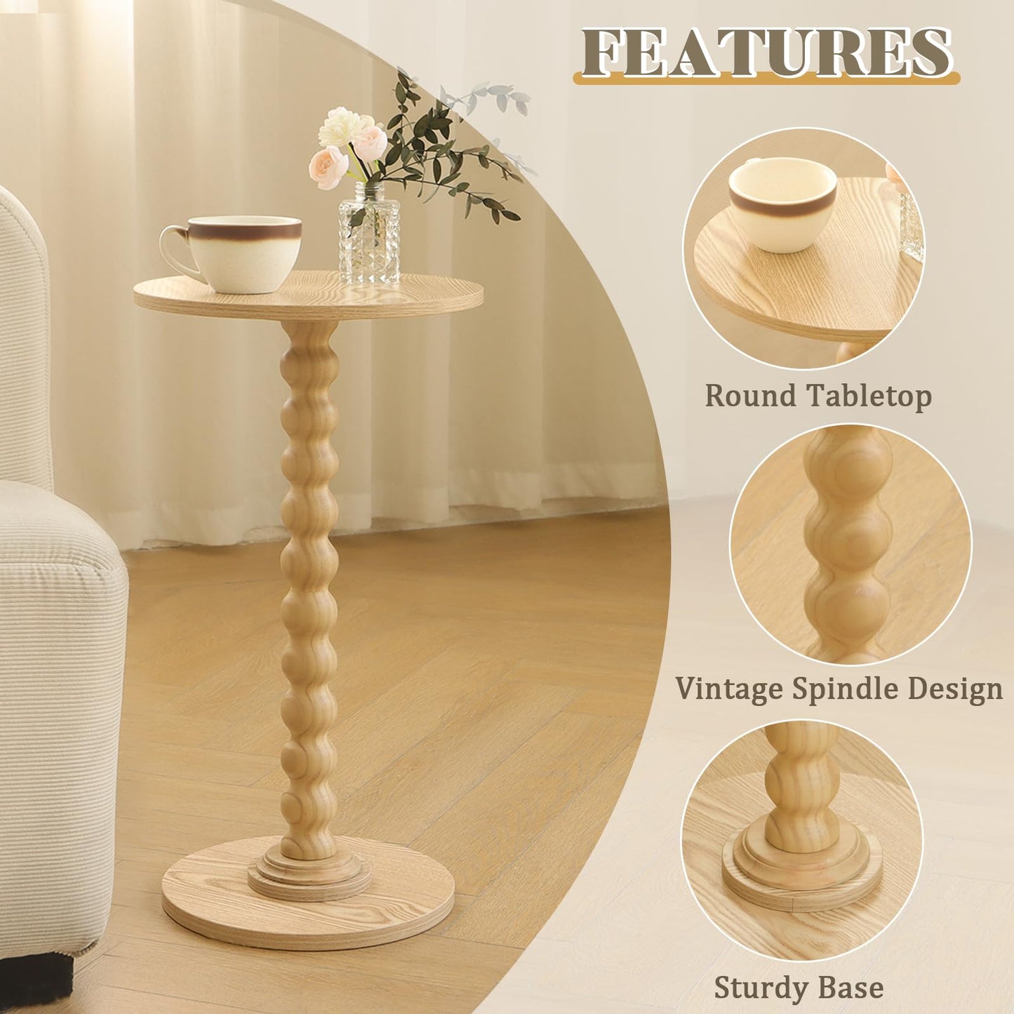 Round Side Table, Small Modern Drink Table with Solid Wood Legs for Living Room, Bedroom, Office, Natural