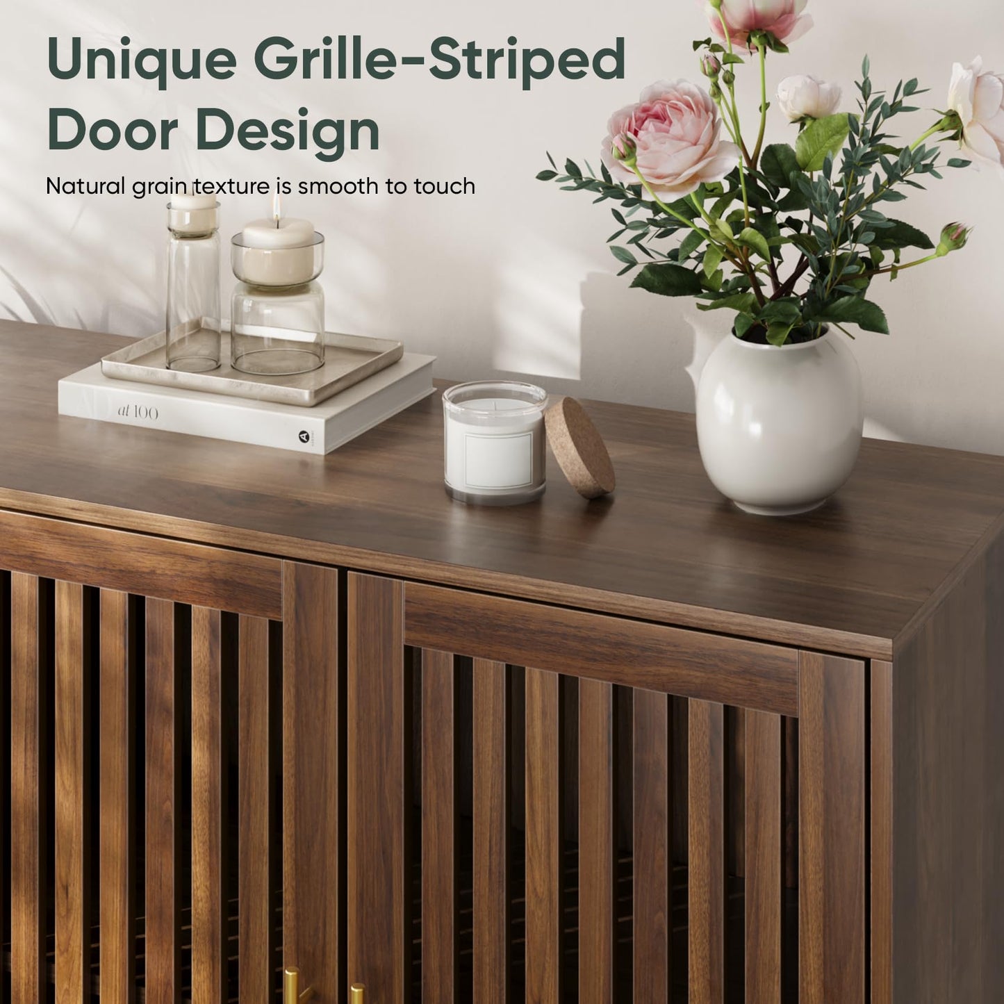 63" Sideboard Buffet with 4 Louvered Doors and Gold Handles, Farmhouse Coffee Bar Storage Cabinet for Entryway, Kitchen, Dining, or Living Room, Natural Oak