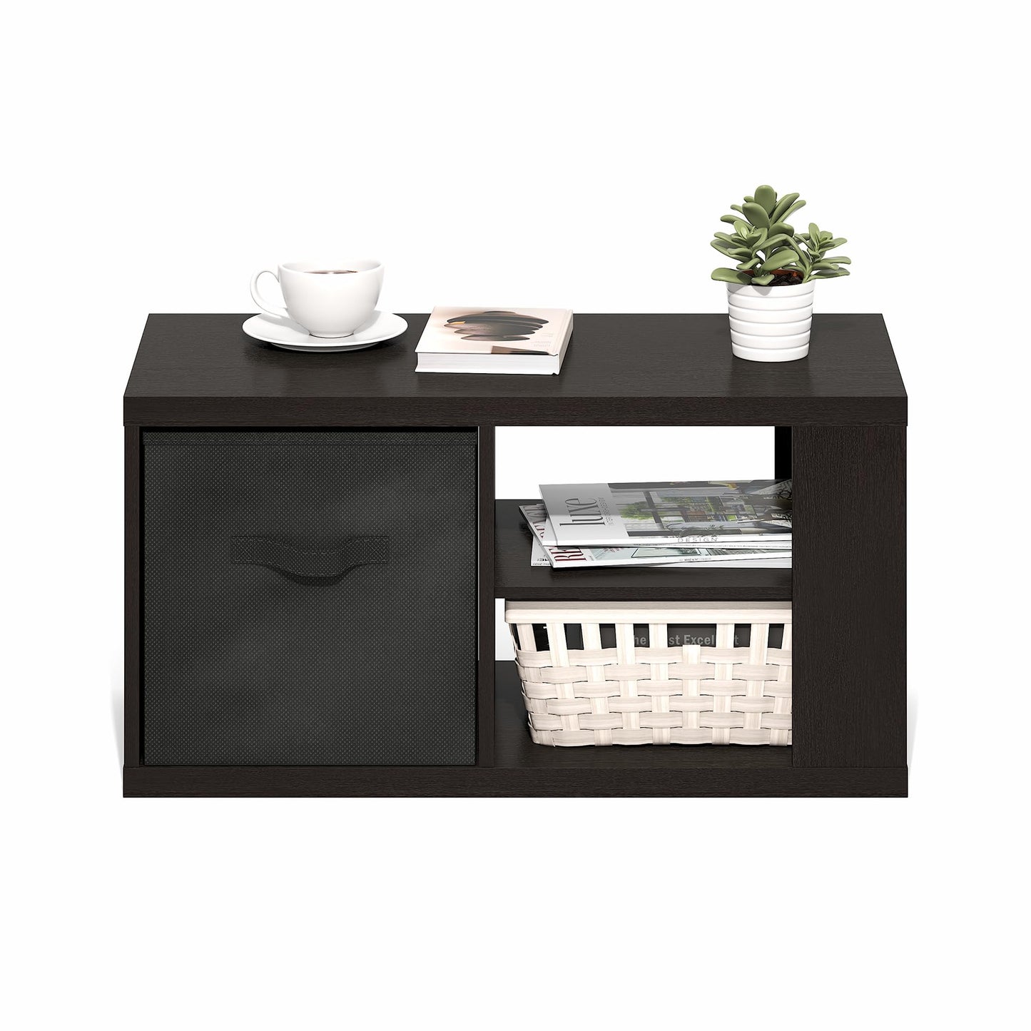 Modern Coffee Table with Open Shelves and Storage Bin, Stylish Side Table for Living Room, Dark Oak/Black