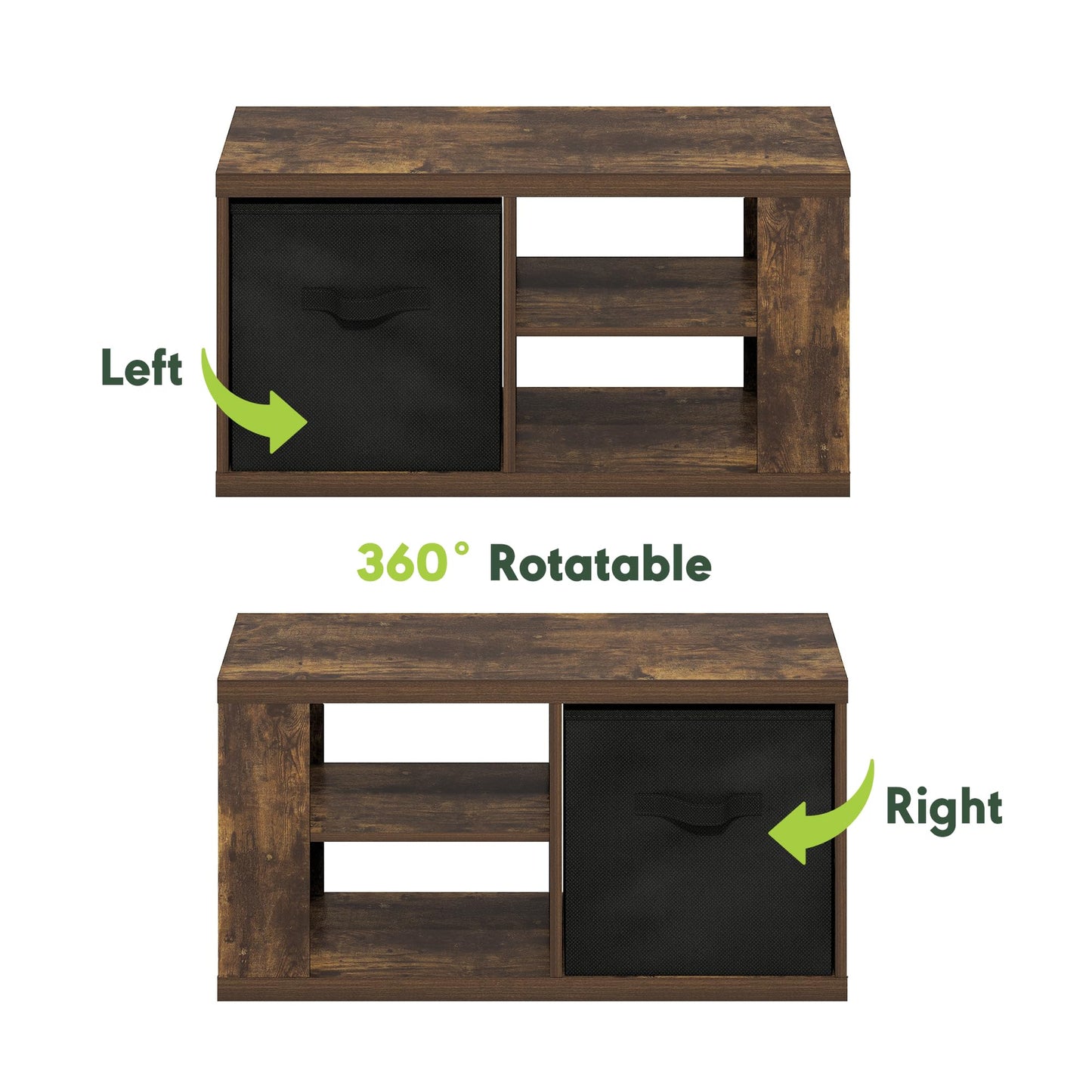 Modern Coffee Table with Open Shelves and Storage Bin, Stylish Side Table for Living Room, Amber Pine/Black