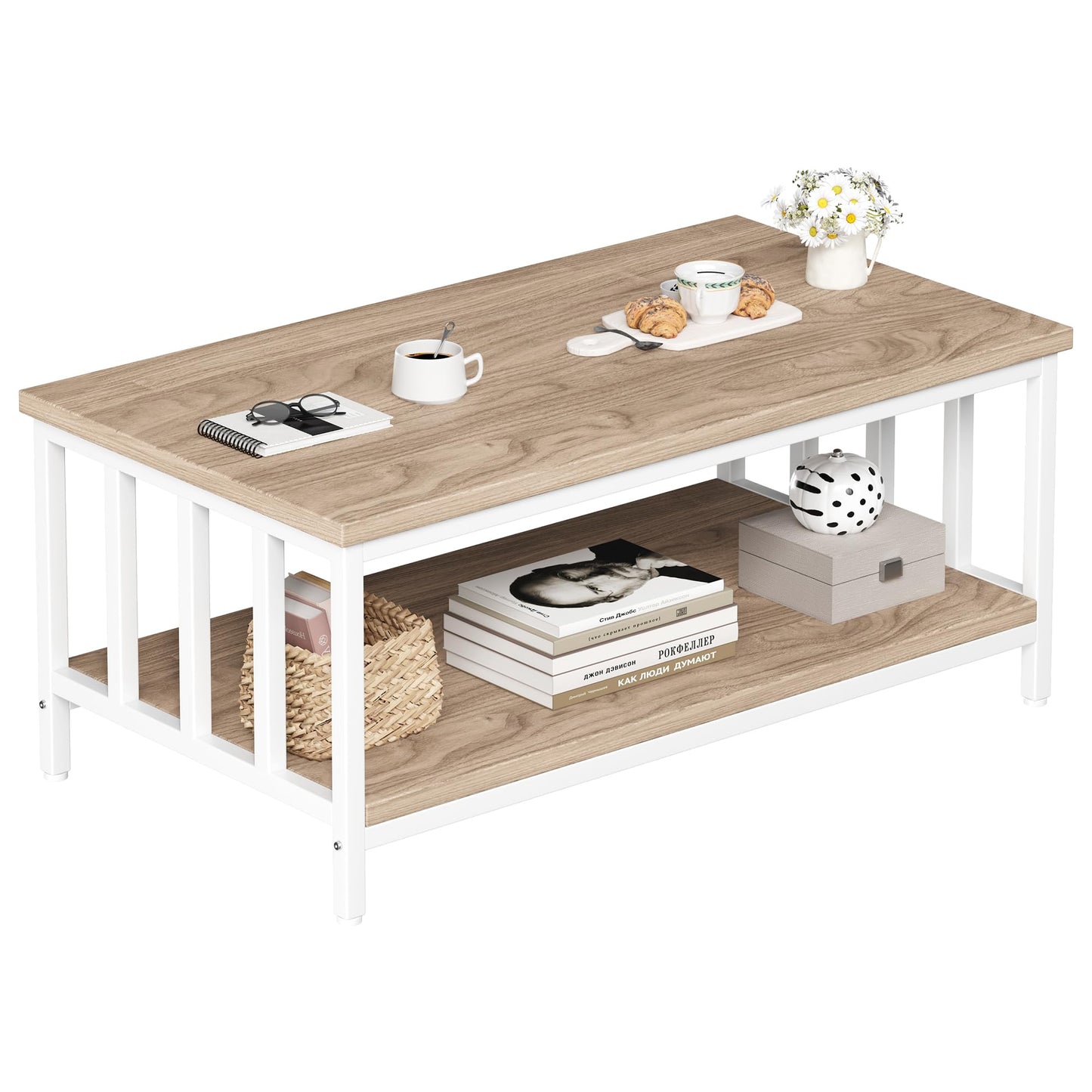 Modern Farmhouse Coffee Table with Slatted Frame, 2-Tier Storage Shelf for Living Room or Office, 39 Inch Light Coffee