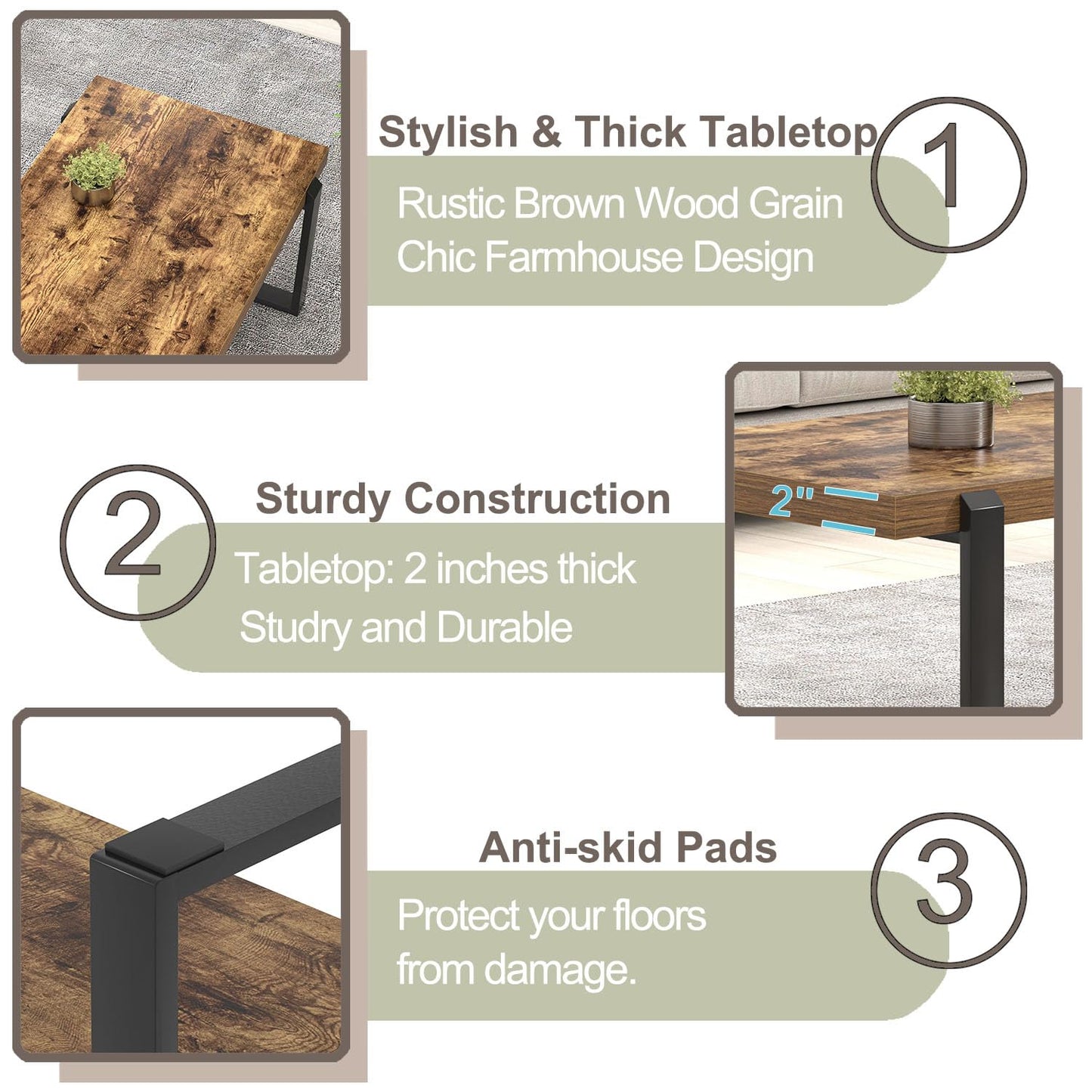 FOLUBAN 47" Modern Coffee Table – Rustic Brown Wood and Metal Industrial Rectangle Center Table for Living Room