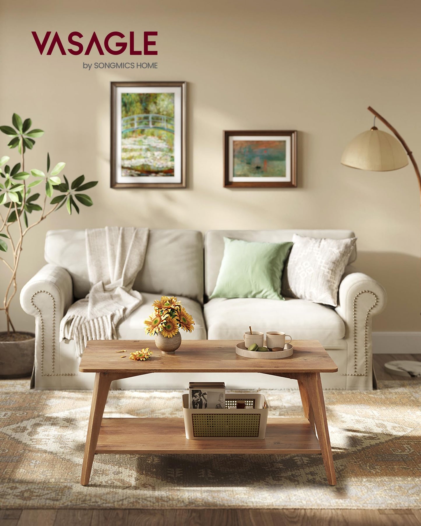 VASAGLE MAEZO Collection 2-Tier Coffee Table with Storage, Tapered Legs & Curved Transitions – 21.7" x 39.4" x 17.7" Modern Center Table for Living Room, Easy Assembly, Honey Brown (ULCT249K01)