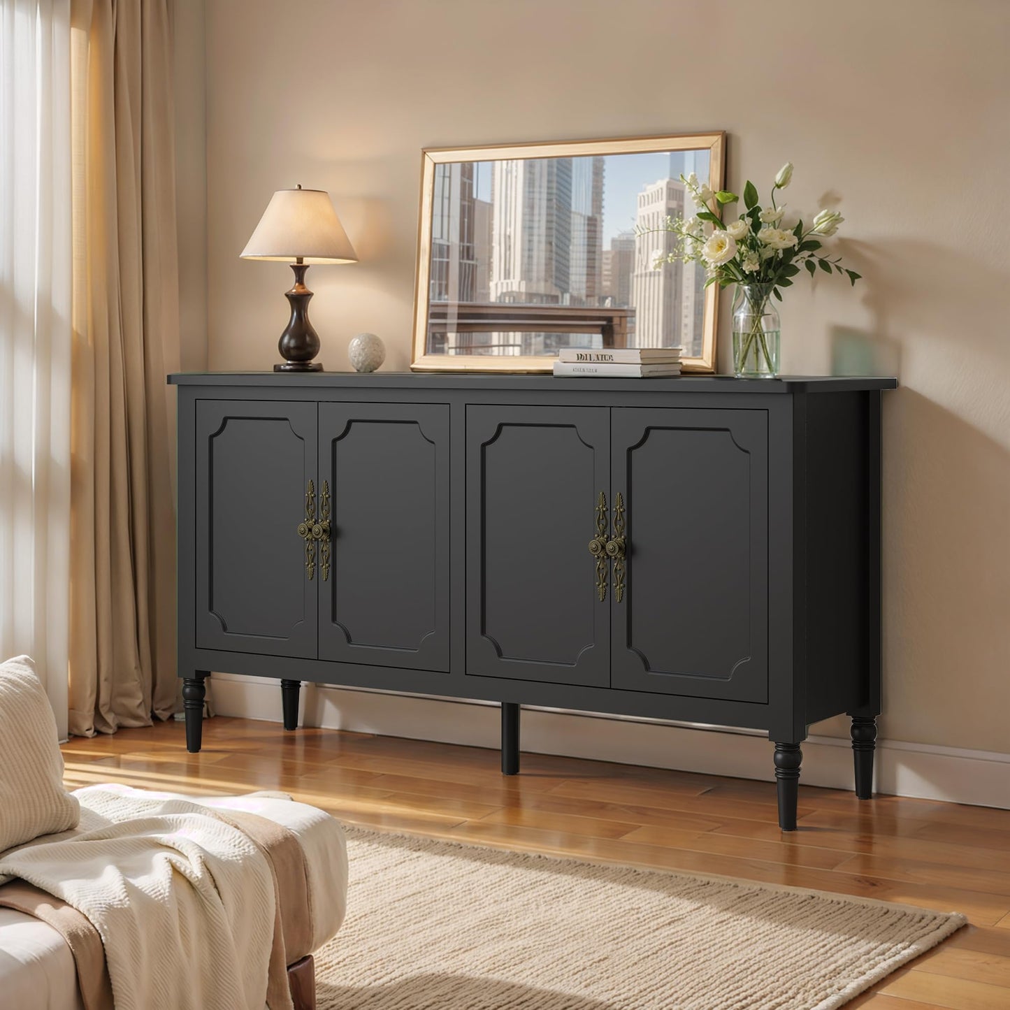 58" Mid-Century Modern Sideboard Buffet Cabinet with Storage and Solid Wood Legs, 4-Door Credenza for Entryway, Kitchen, or Living Room, Satin White