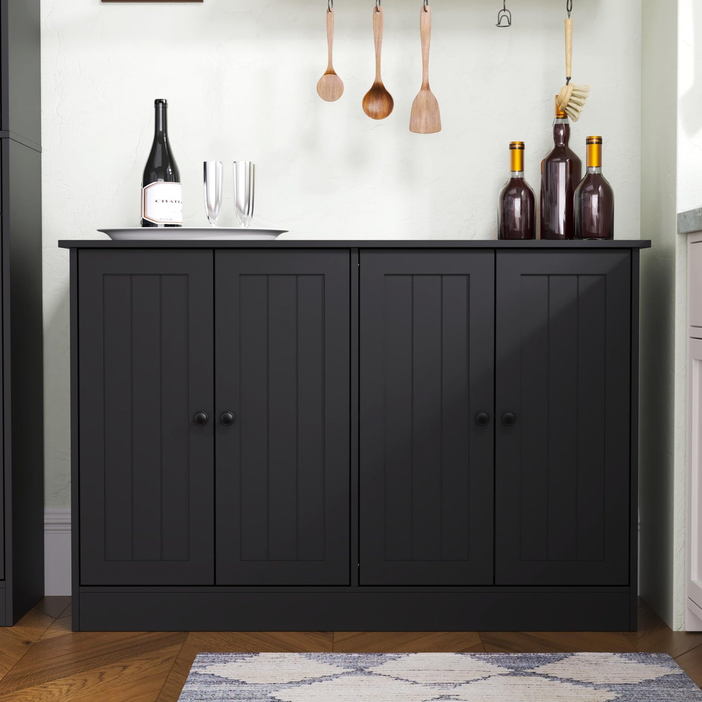47" Sideboard Buffet Cabinet with 4 Doors, Modern Farmhouse Coffee Bar Storage Table for Kitchen, Dining, or Living Room, Black