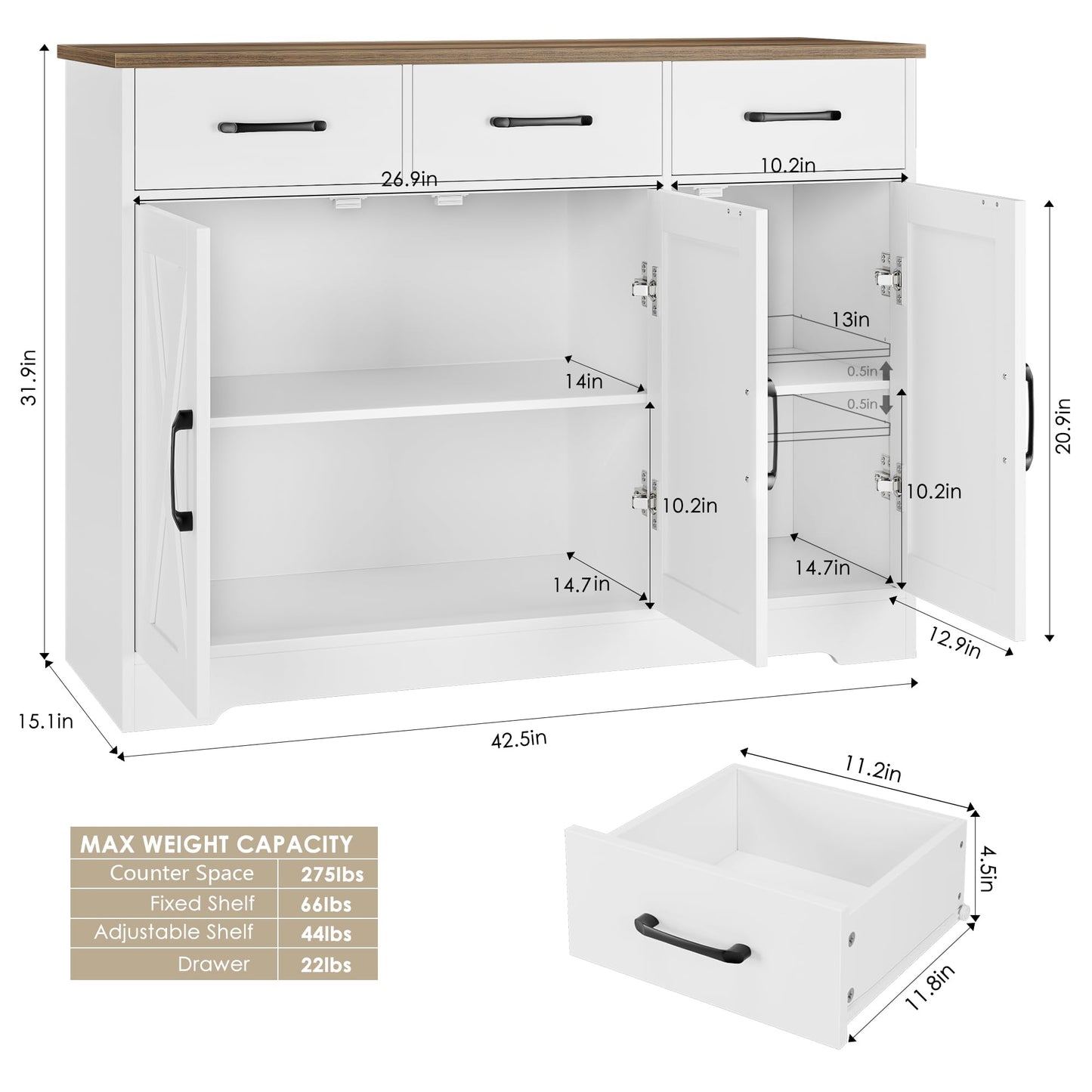 **HOSTACK Modern Farmhouse Sideboard Buffet Cabinet with Barn Doors, Drawers, and Shelves, Wood Coffee Bar Storage Cabinet for Kitchen, Dining Room, or Living Room, White**