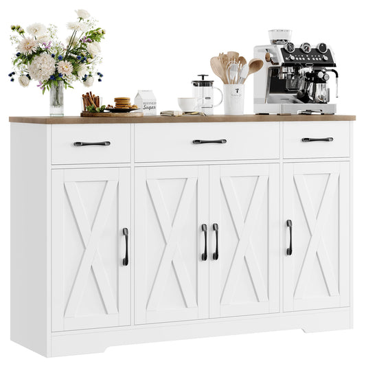 55" Large Buffet Sideboard Cabinet with Drawers, Shelves, and Doors, Modern Farmhouse Coffee Bar Station for Kitchen or Dining Room, White/Rustic
