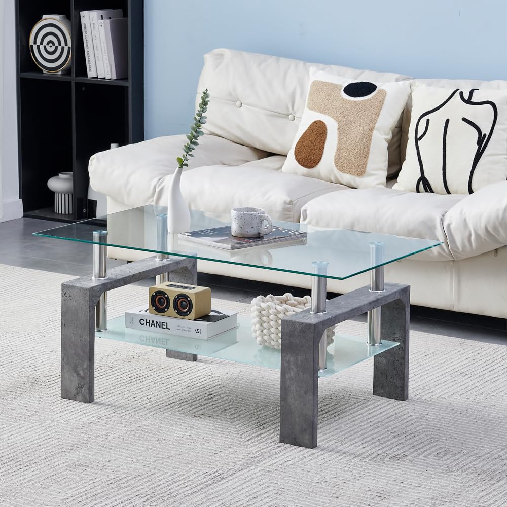 Living Room Rectangle Coffee Table, Modern Glass Tea Table with Wooden Legs & Lower Storage Shelf, Stylish Center Table for Waiting Room or Home, Grey Marble