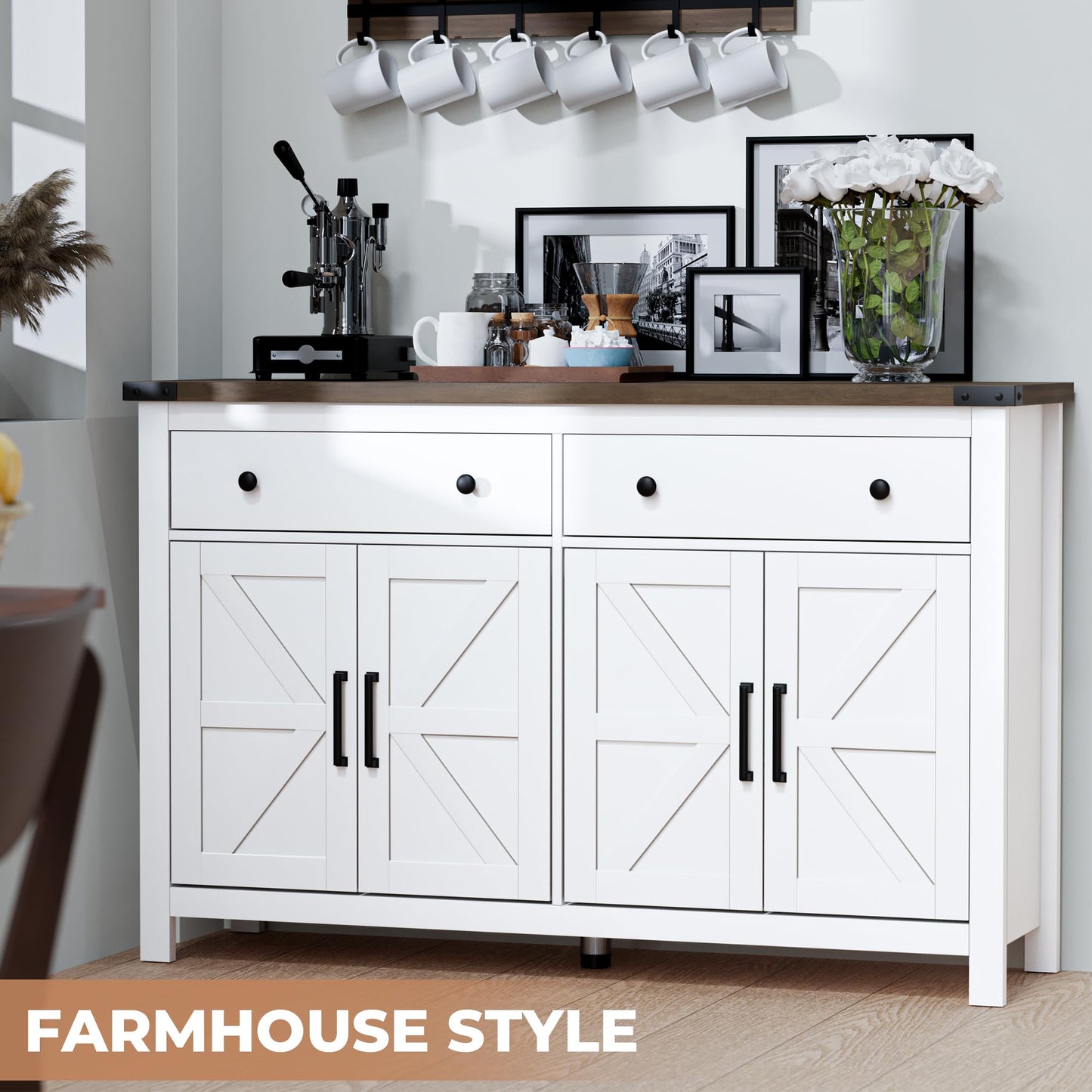 55" Modern Farmhouse Sideboard Buffet Cabinet with Storage, White Wood Coffee Bar Cabinet with 2 Drawers & 4 Barn Doors, Long Storage Cabinet for Kitchen, Dining Room & Living Room