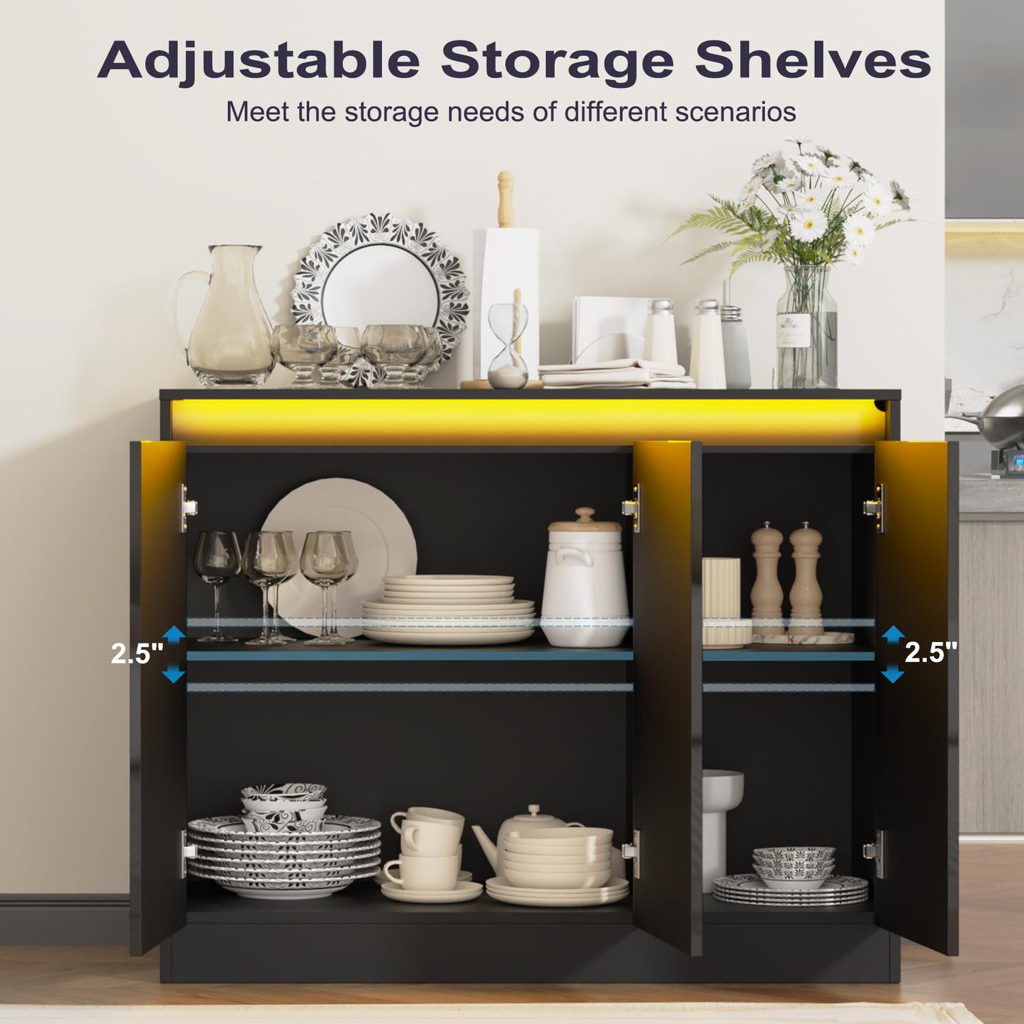 High Gloss Buffet Cabinet with LED Lights and Charging Station, Modern Handleless Sideboard Coffee Bar with 3 Doors for Living Room or Entryway, Black