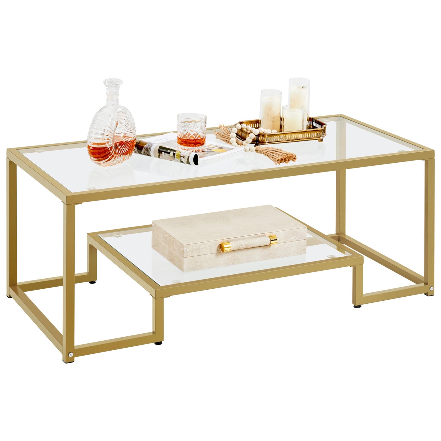 42" Rectangular Glass Coffee Table with Gold Metal Frame, 2-Tier Center Table for Living Room, Office, or Small Spaces