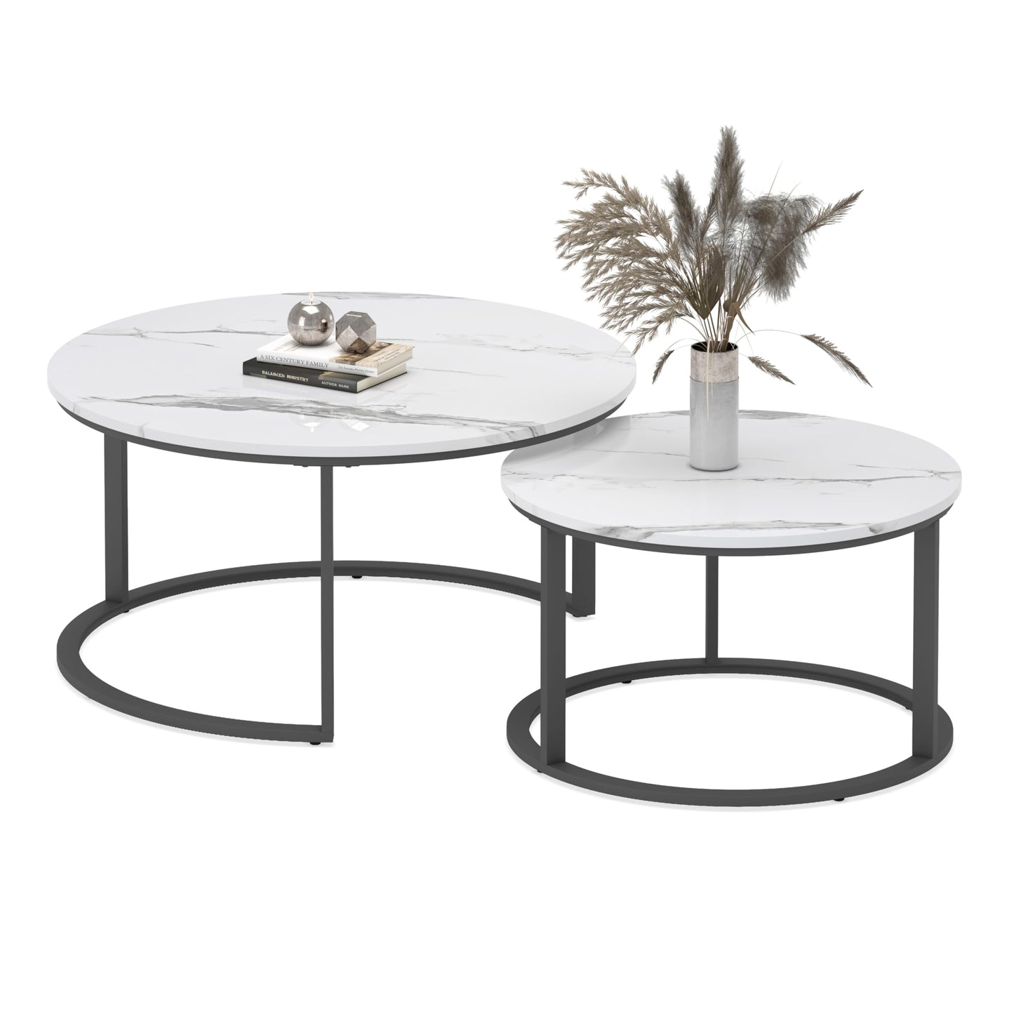 WiberWi Round Nesting Coffee Tables Set of 2 – Large Ø33.5", Small Ø25.7", Modern Metal Frame Circle Tables with High Gloss Faux White Marble Top for Living Room