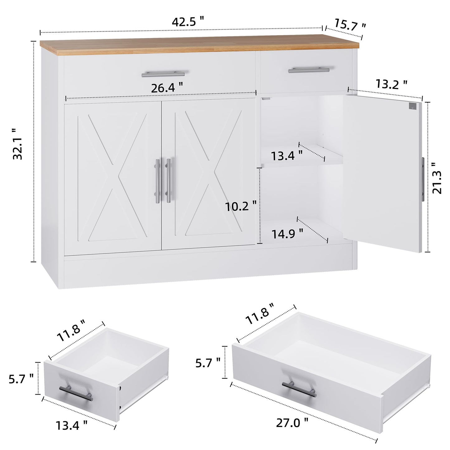 42" Modern Farmhouse Sideboard Buffet Cabinet with 3 Barn Doors and Adjustable Shelf, Wood Coffee Bar Storage for Kitchen or Living Room, White