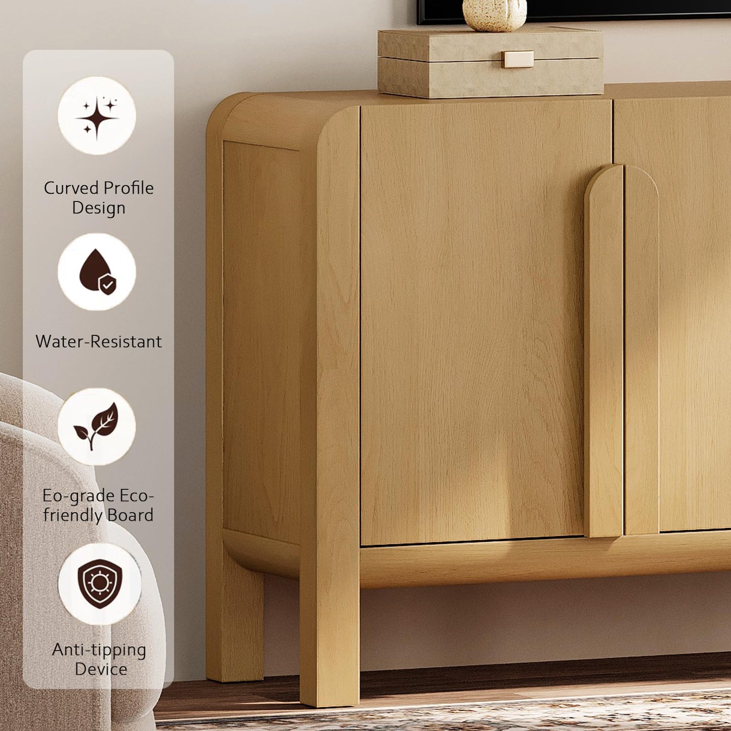 63" Wide Curved Buffet Sideboard Cabinet with 4 Doors, Modern Coffee Bar and Wine Bar Storage for Dining Room, Living Room, or Kitchen, Oak