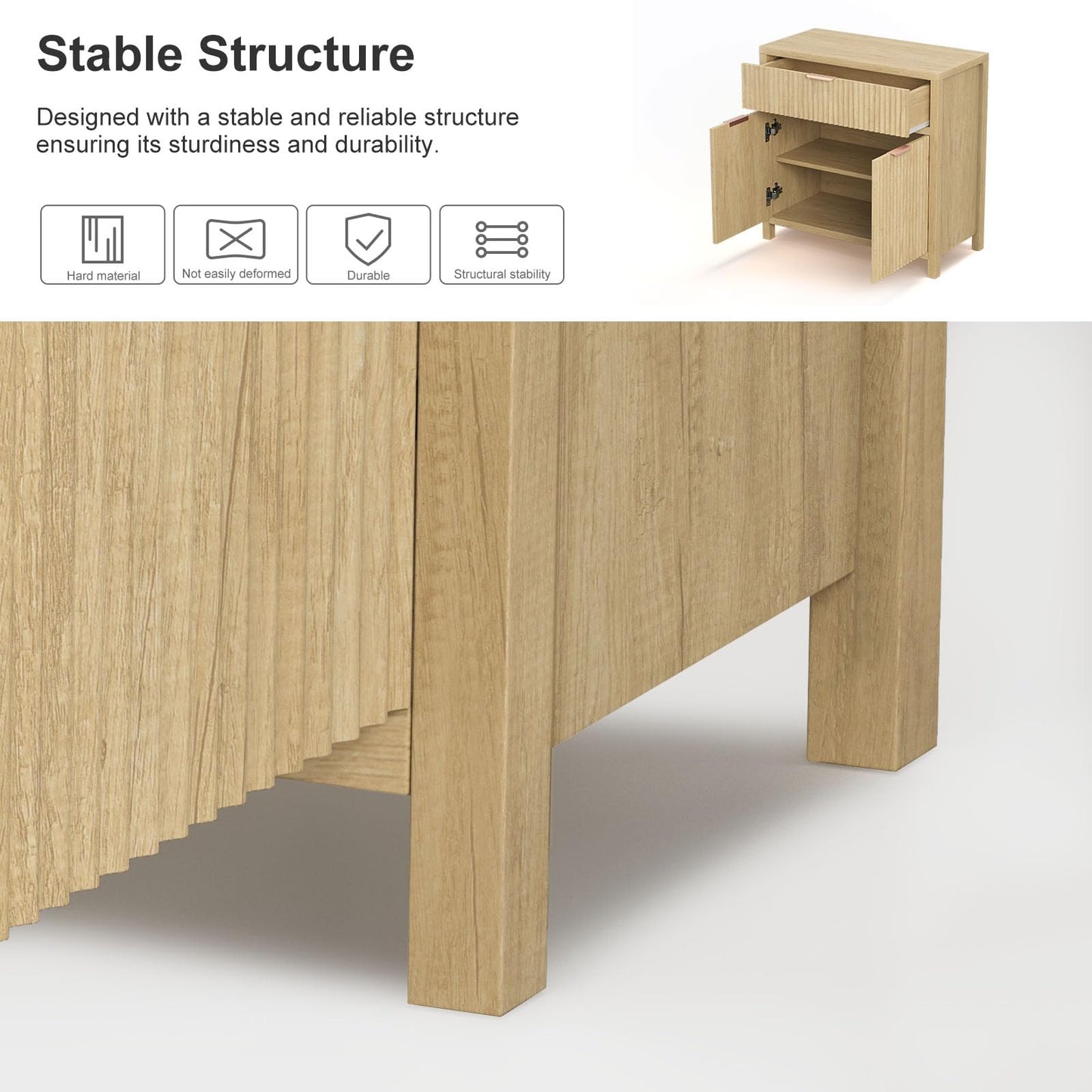 **Oak Fluted Door Accent Cabinet, Sideboard Buffet with 2 Doors, 1 Drawer & Adjustable Shelf, Modern Console Table for Living Room and Entryway**