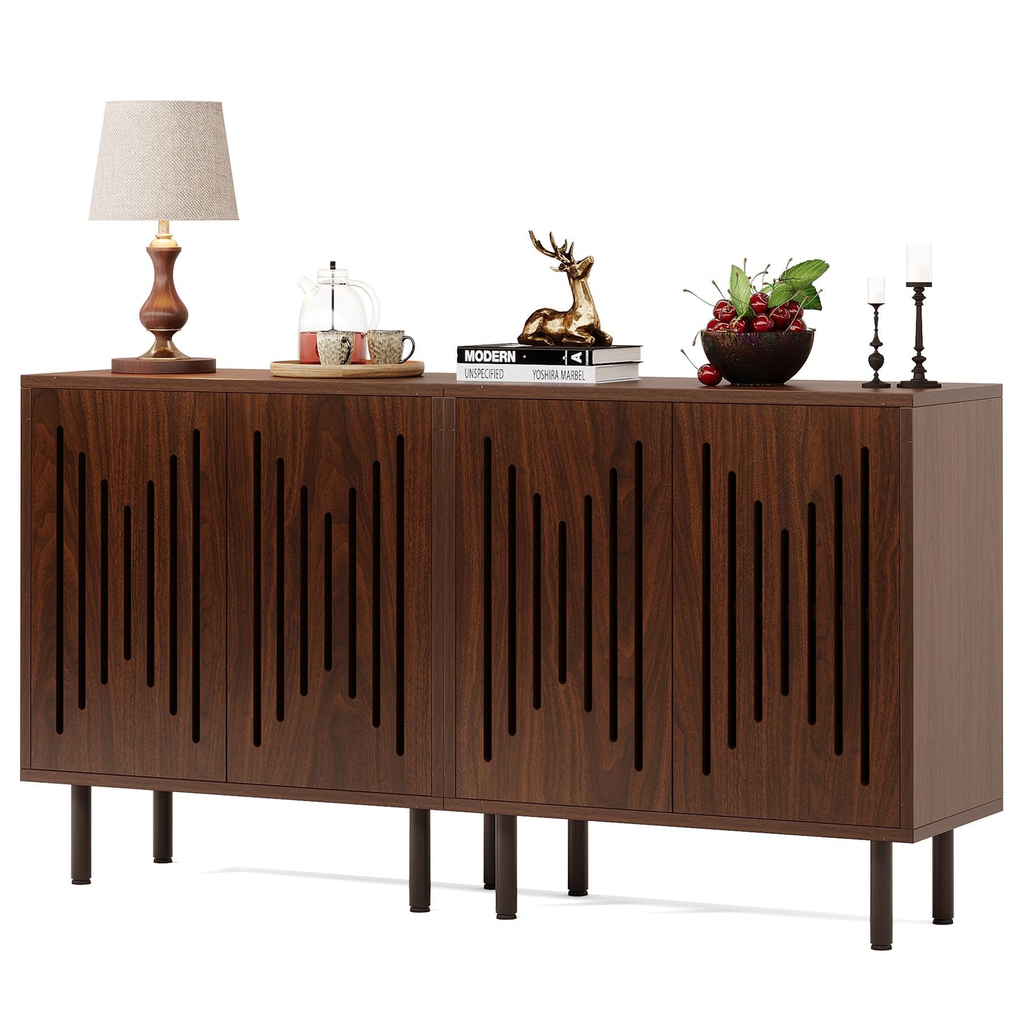 Tribesigns Set of 2 Buffet Sideboard Cabinets with Storage, 59" Long Sideboards with Adjustable Shelves, Modern Accent Storage Cabinets for Living Room, Dark Brown