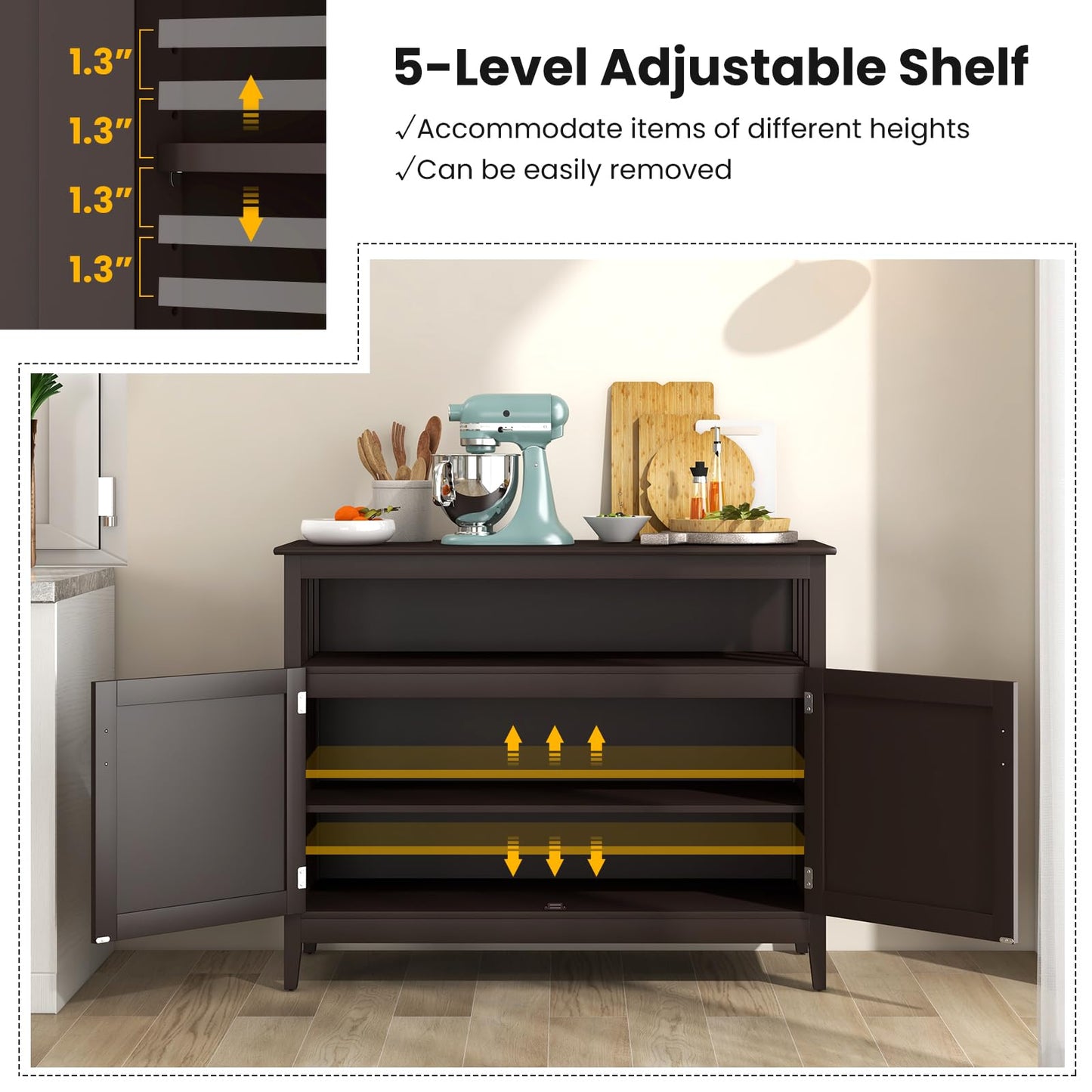 Freestanding Buffet Cabinet with Adjustable Shelf, Kitchen Storage Sideboard Console Table, 45" x 20" x 36", Brown